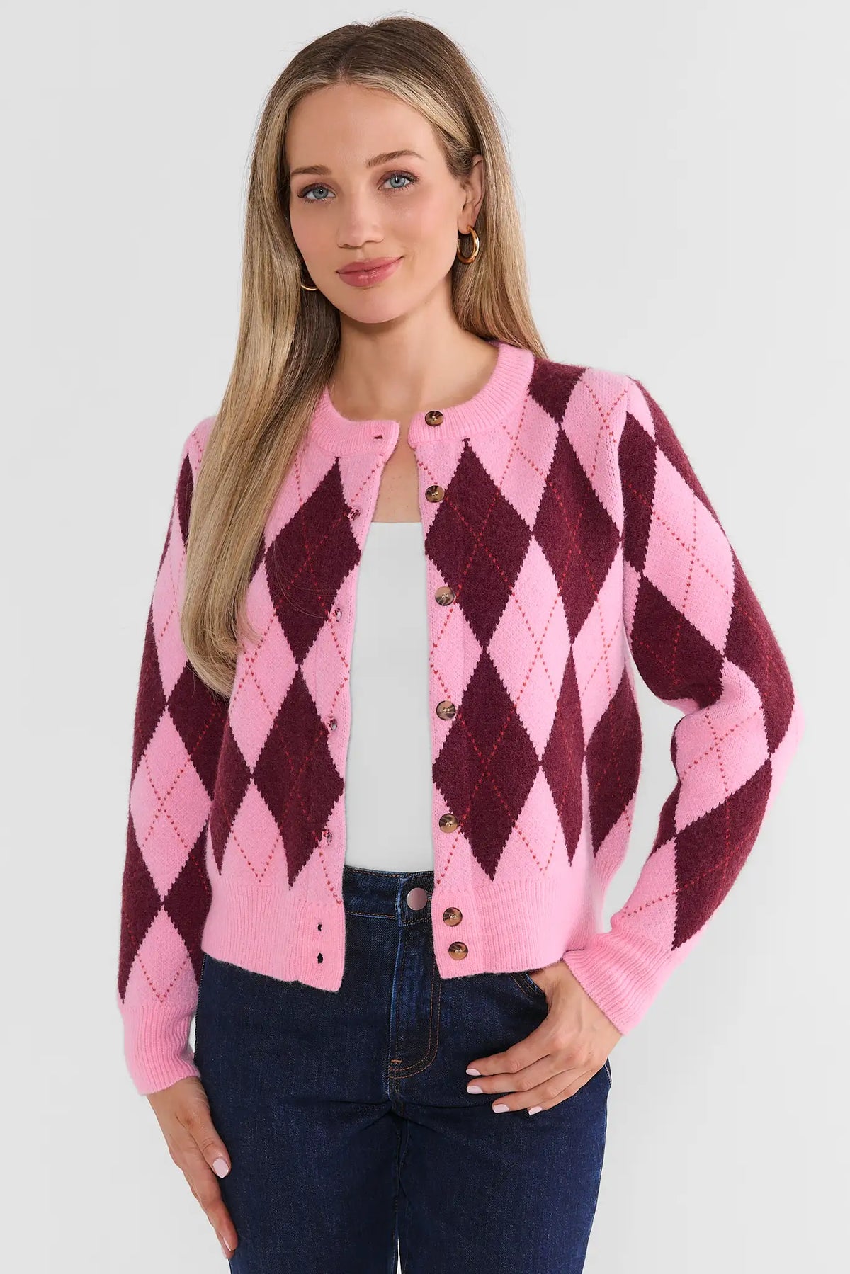 Pink Argyle Print Cardigan