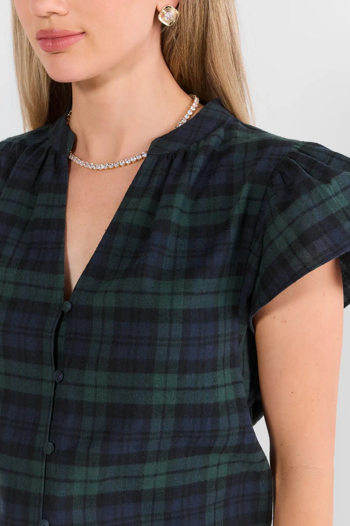 Camryn Navy Plaid Flutter Sleeve Top