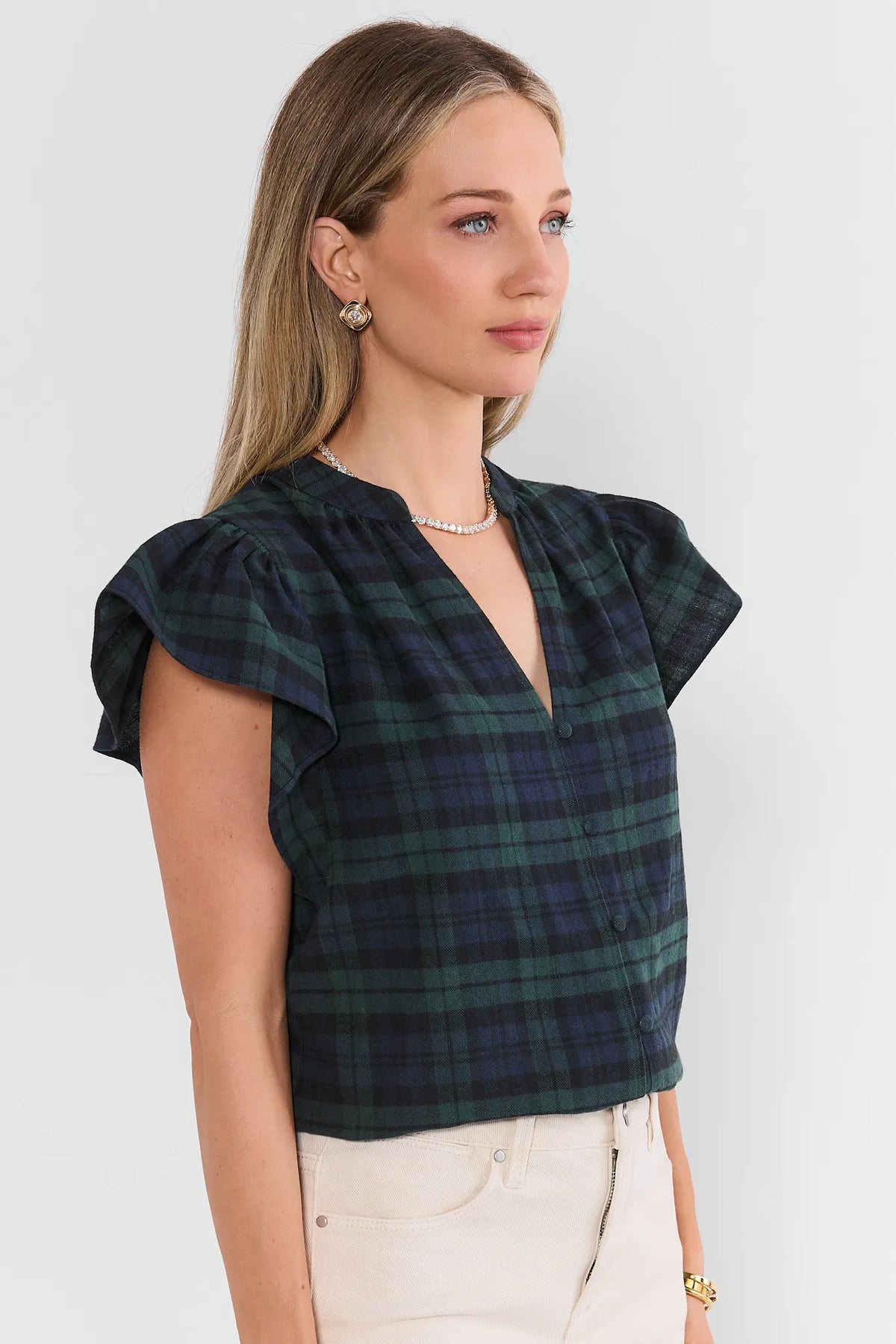 Camryn Navy Plaid Flutter Sleeve Top