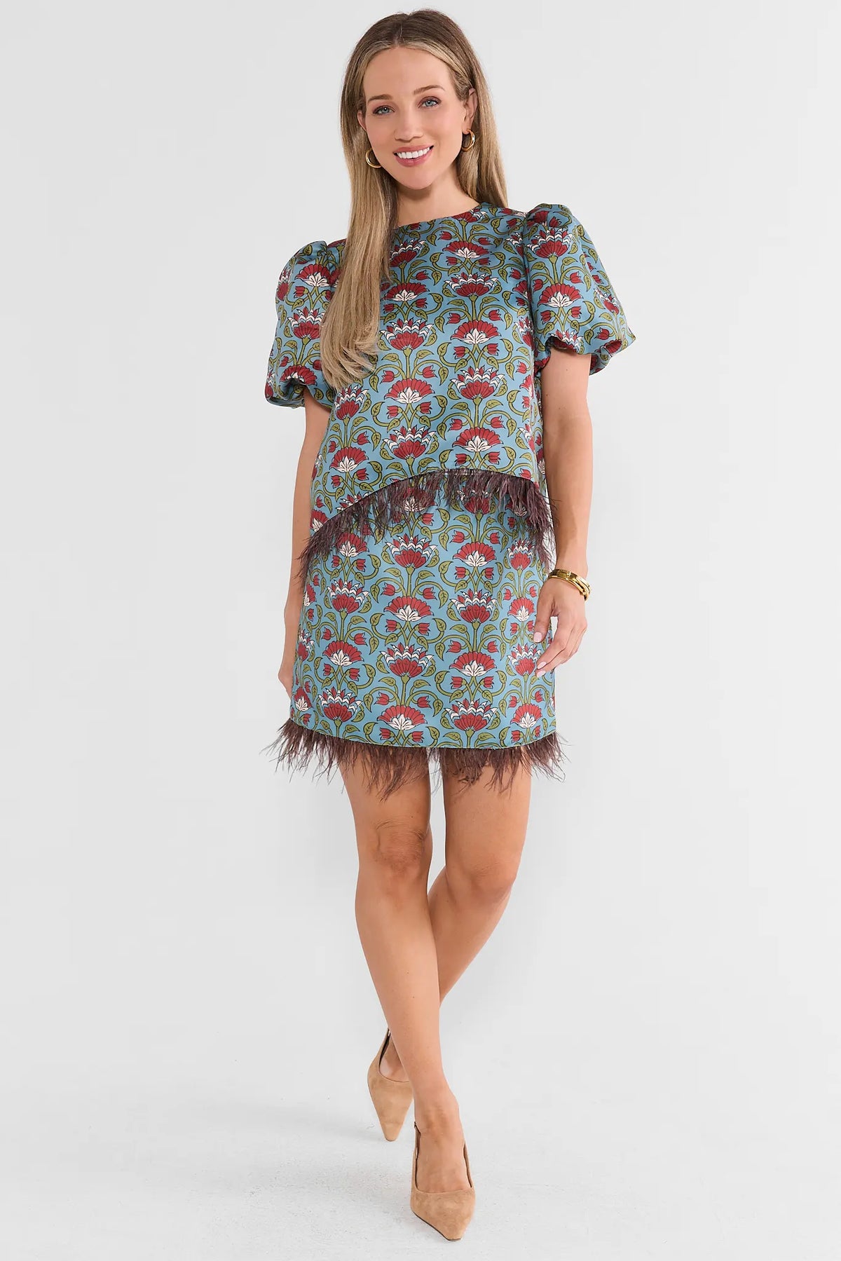 Blue Floral Printed Feather Trim Top