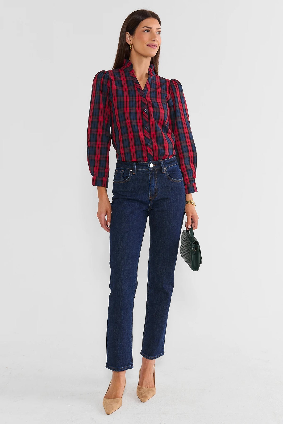 Red Plaid Stand Collar Top