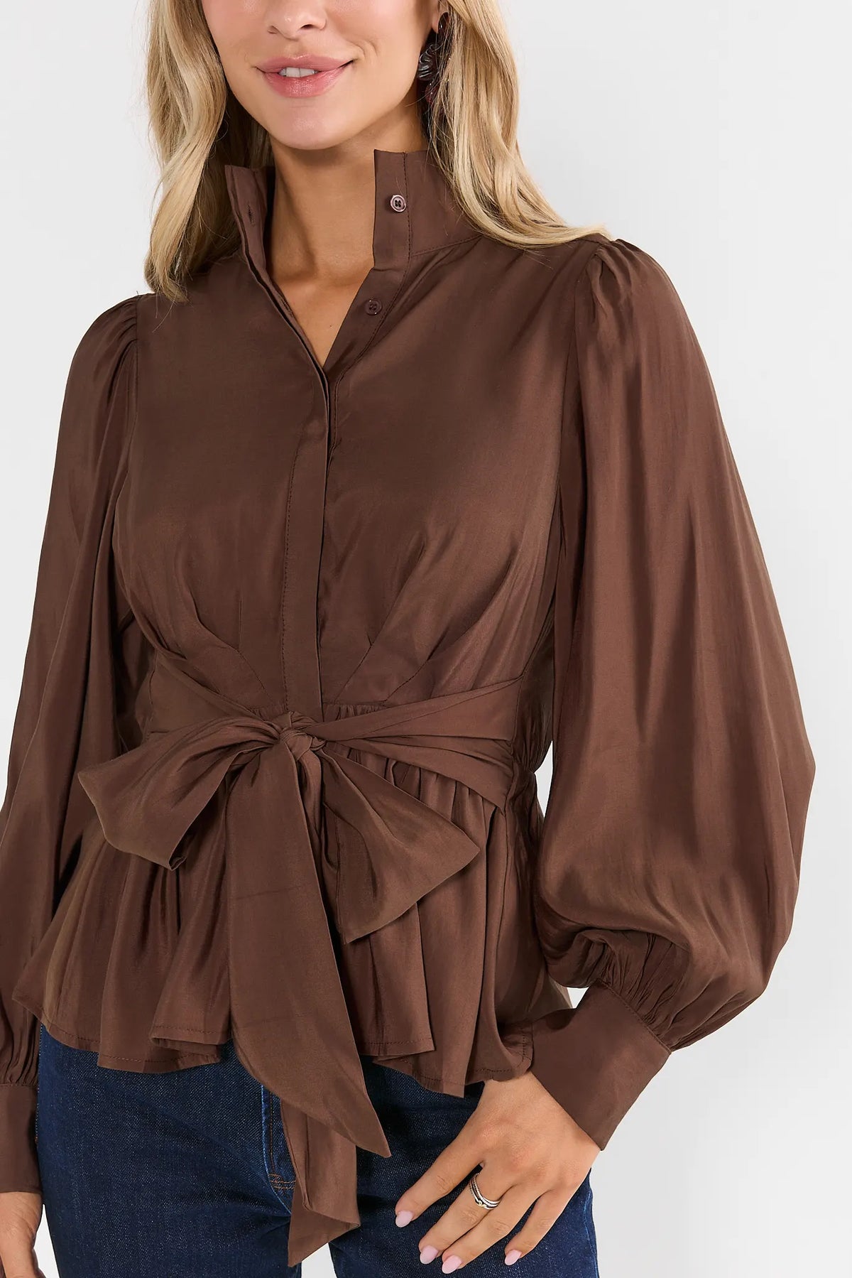 Brown Tie Waist Stand Collar Top