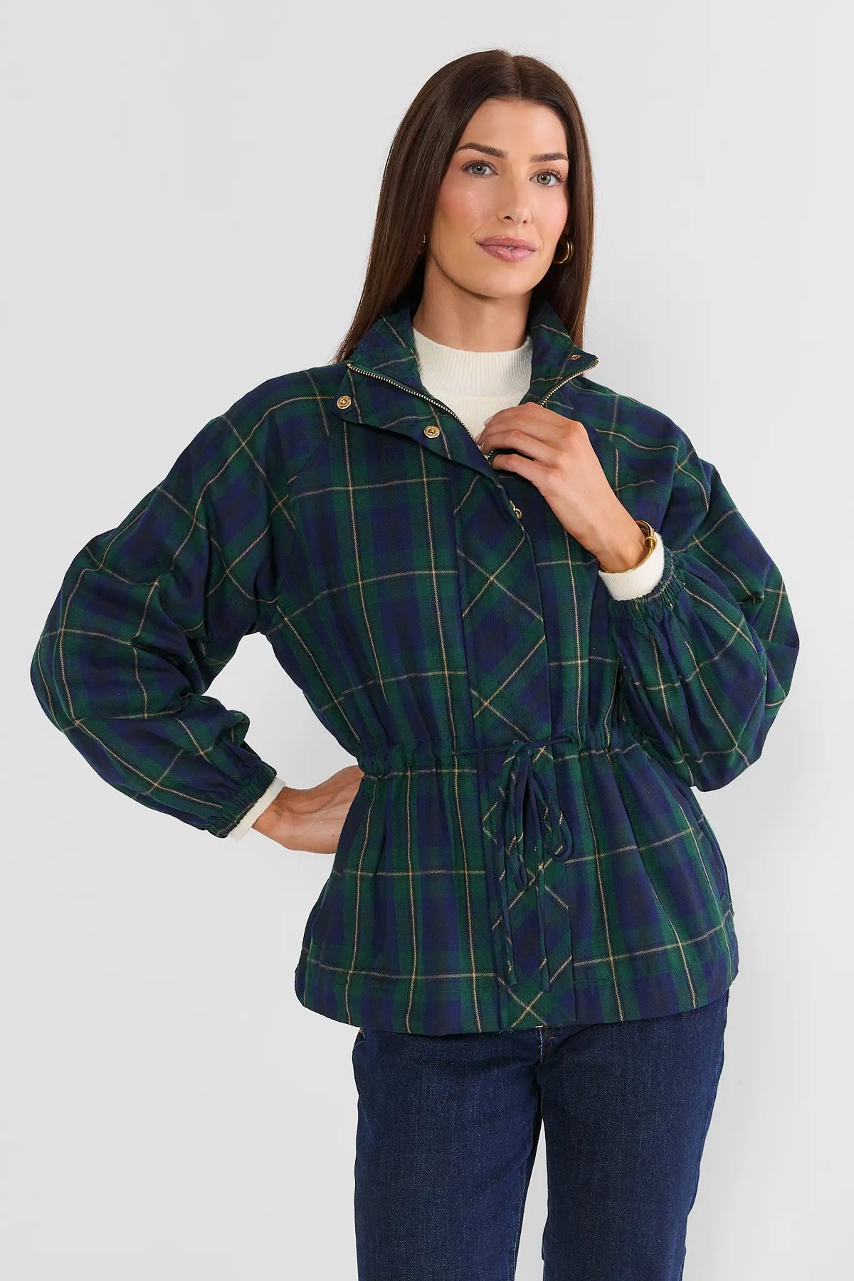 Navy Plaid Zip Up Jacket