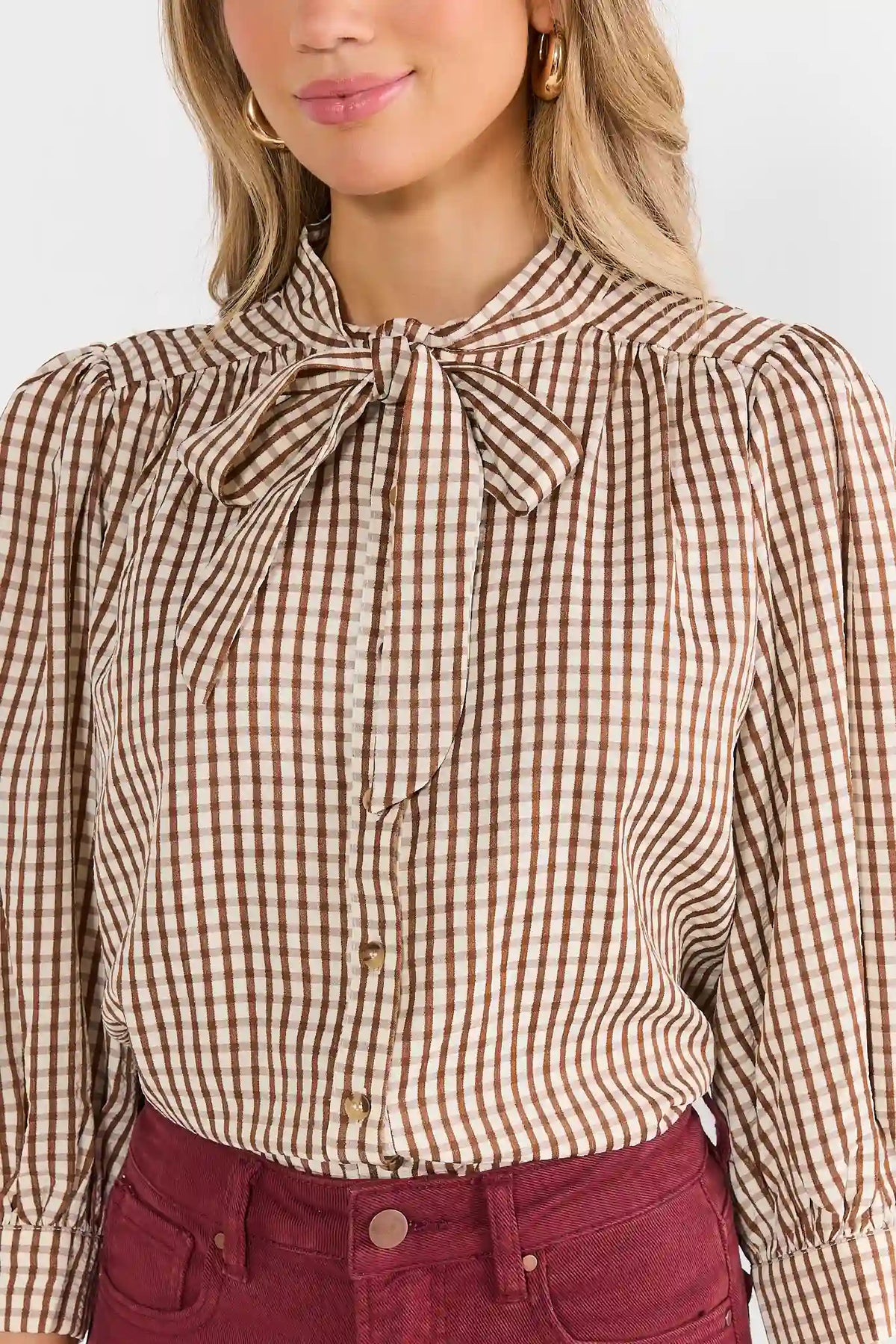 Brown Gingham Tie Neck Top by THML