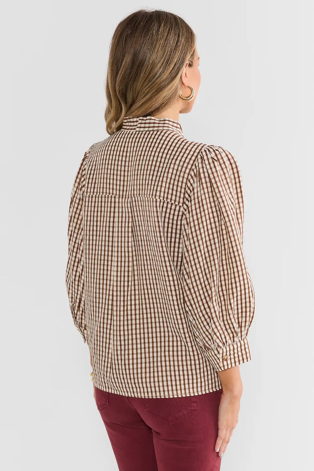 Brown Gingham Tie Neck Top by THML