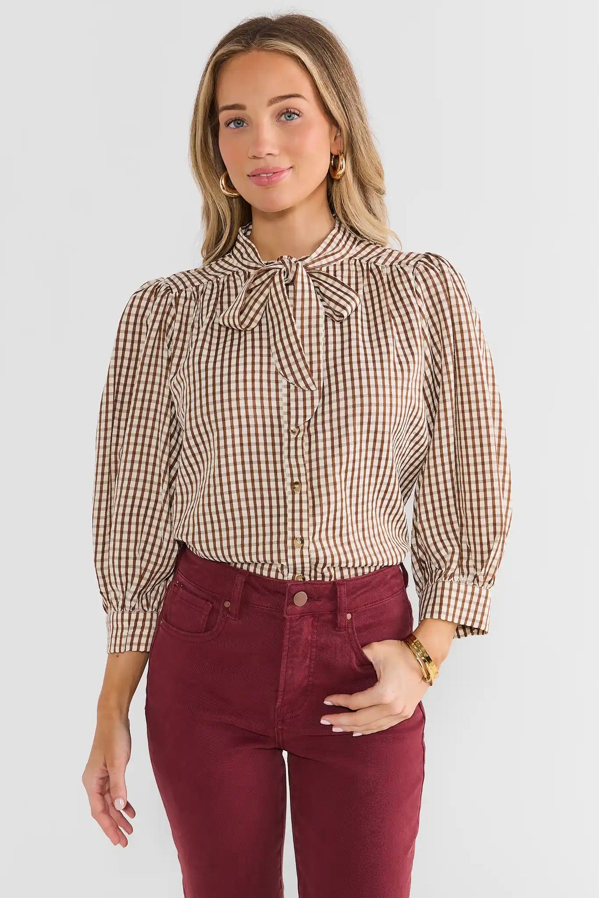 Brown Gingham Tie Neck Top by THML