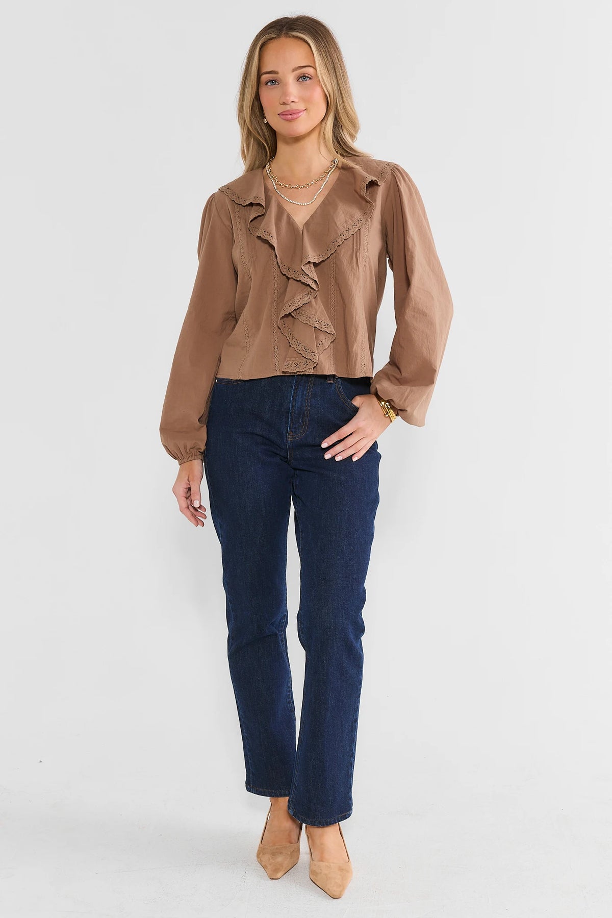 Brown Ruffle Detail Top