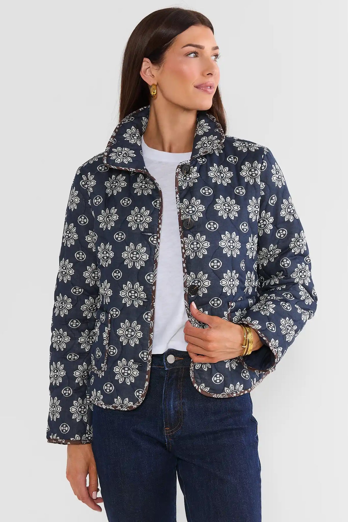 Navy Floral Print Quilted Jacket