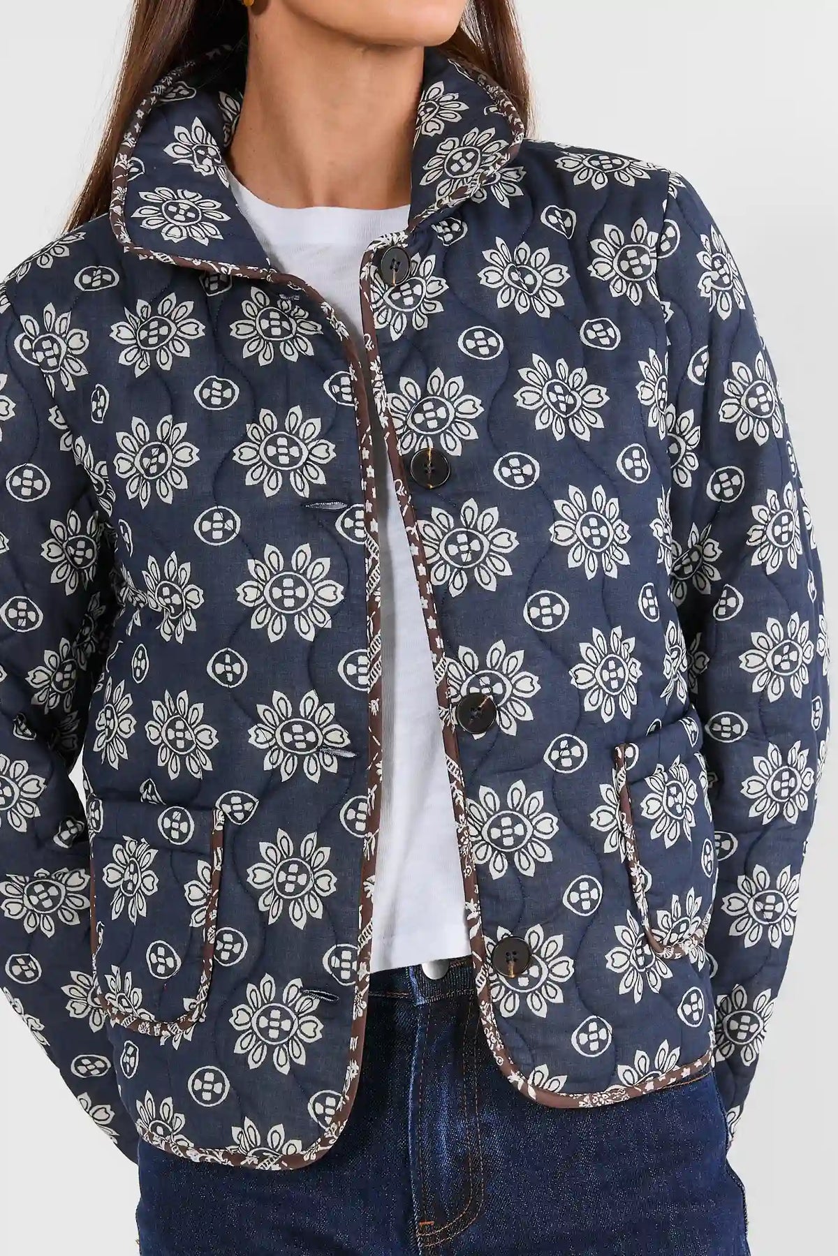 Navy Floral Print Quilted Jacket