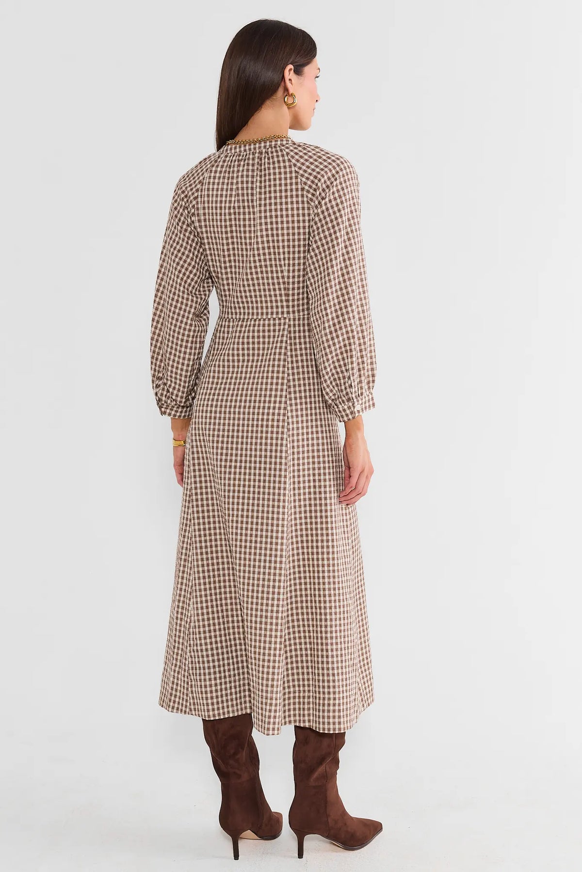 Brown Gingham Button Up Midi Dress