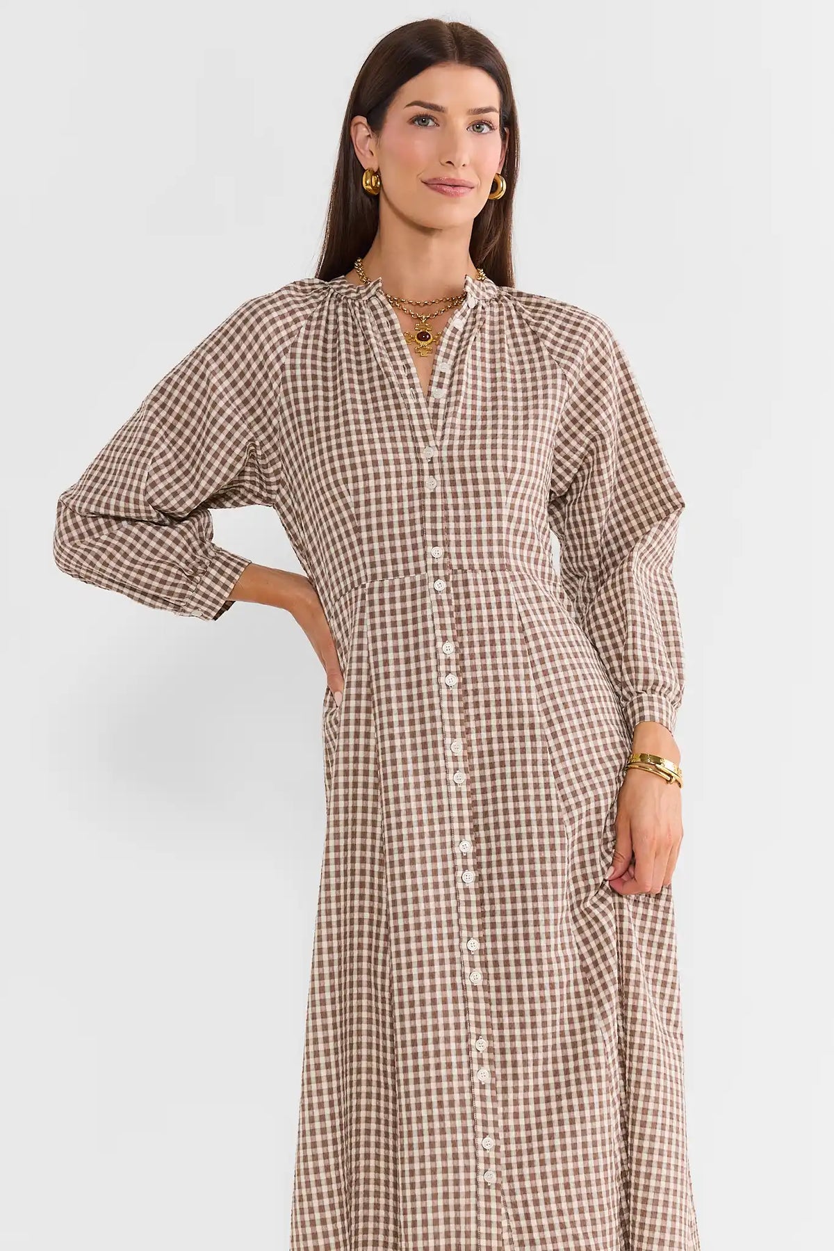 Brown Gingham Button Up Midi Dress
