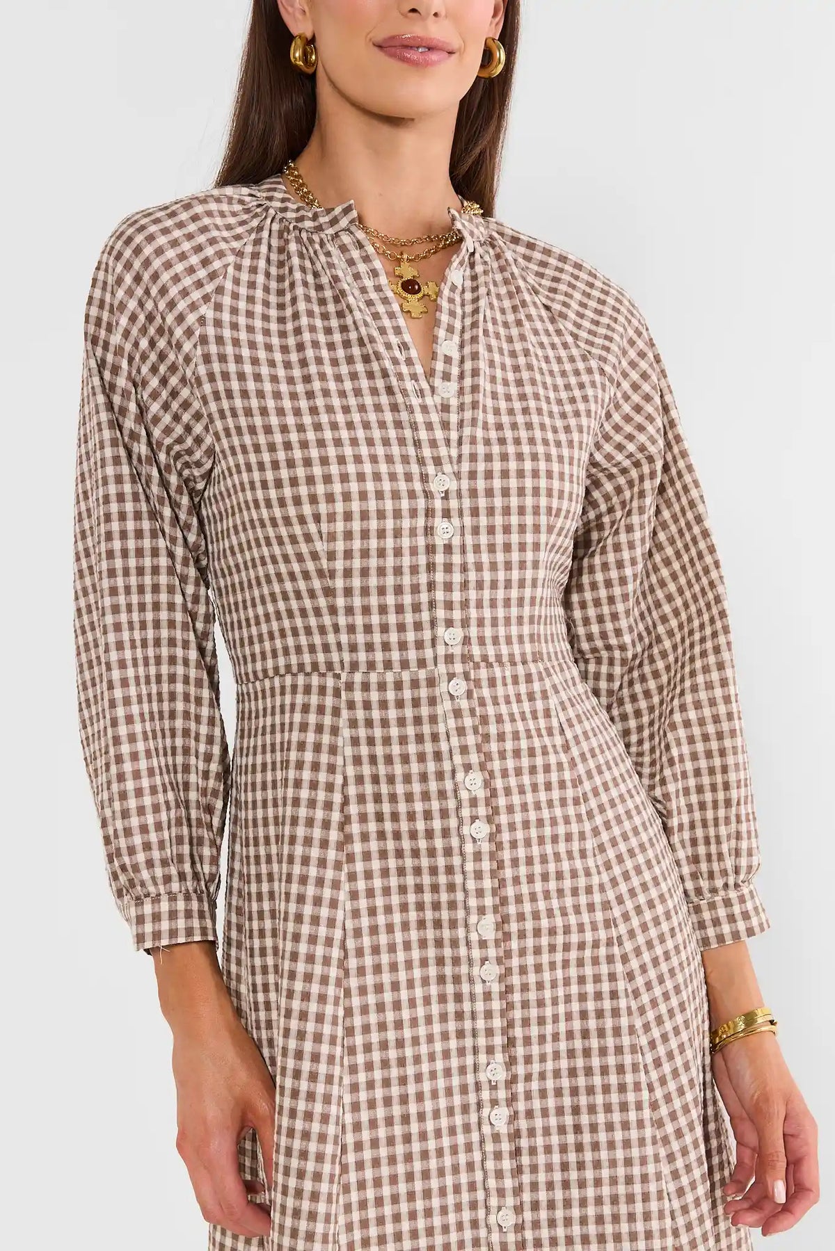 Brown Gingham Button Up Midi Dress