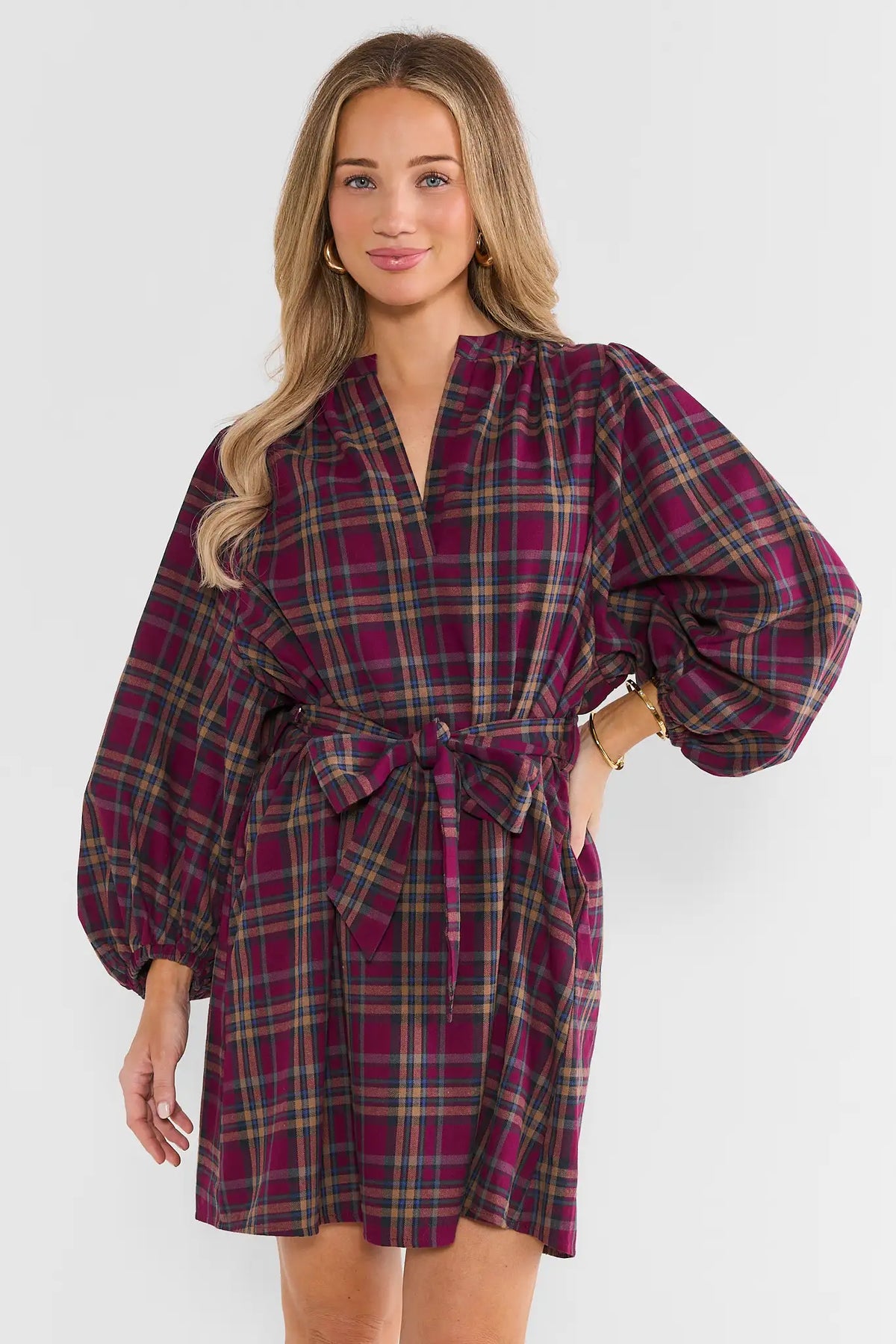 Kelly Maroon Plaid Tie Waist Short Dress