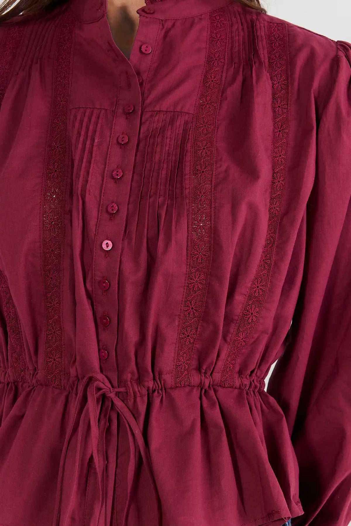 Burgundy Button Up Tie Waist Top