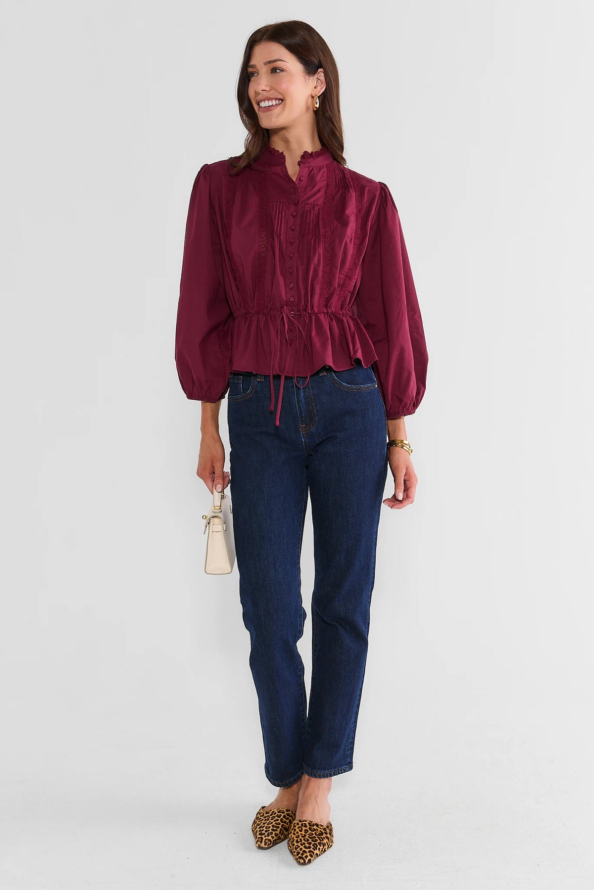 Burgundy Button Up Tie Waist Top