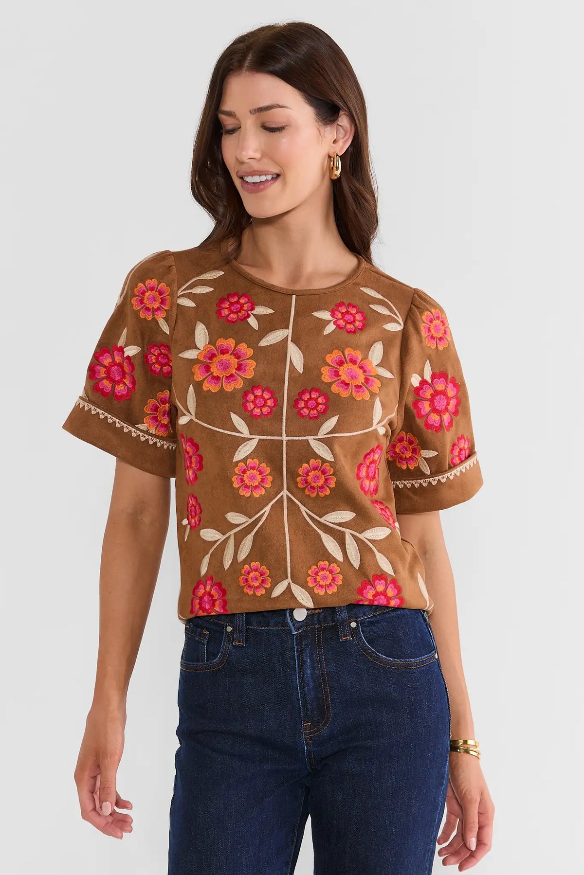 Brown Floral Embroidered Top by THML