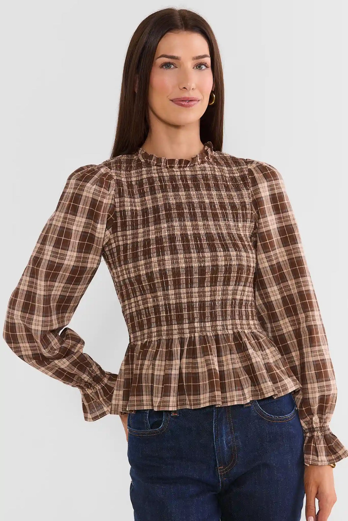 Brown Plaid Peplum Top