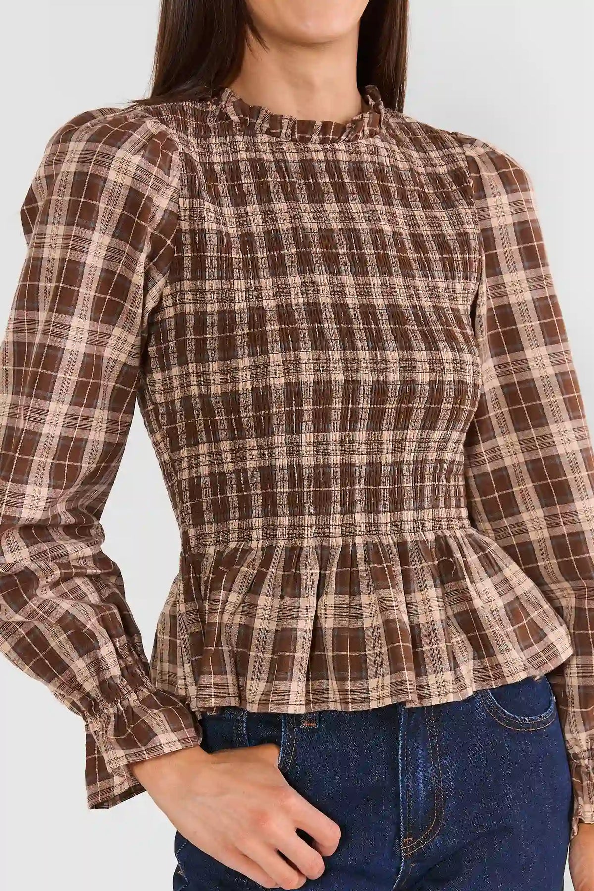 Brown Plaid Peplum Top