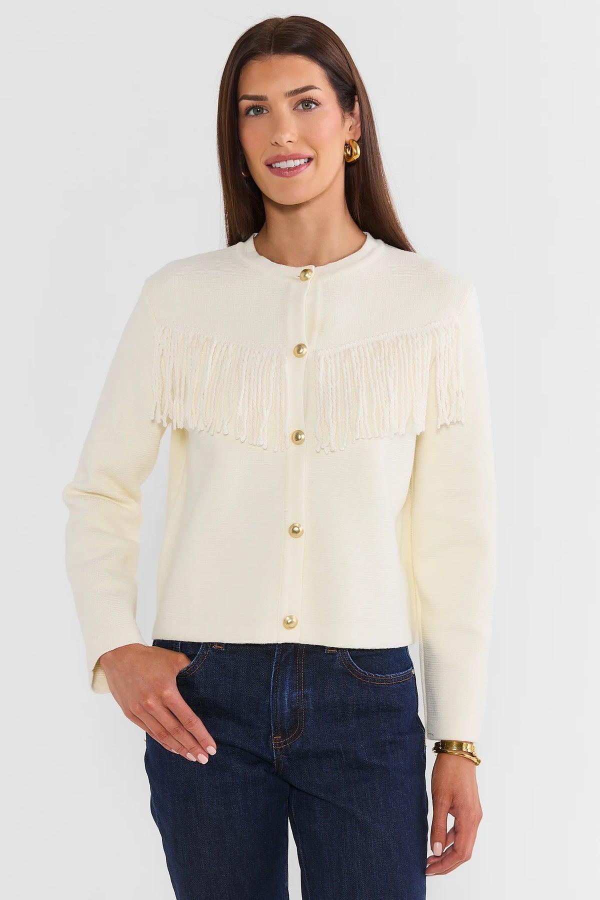 White Fringe Detail Button Up Top