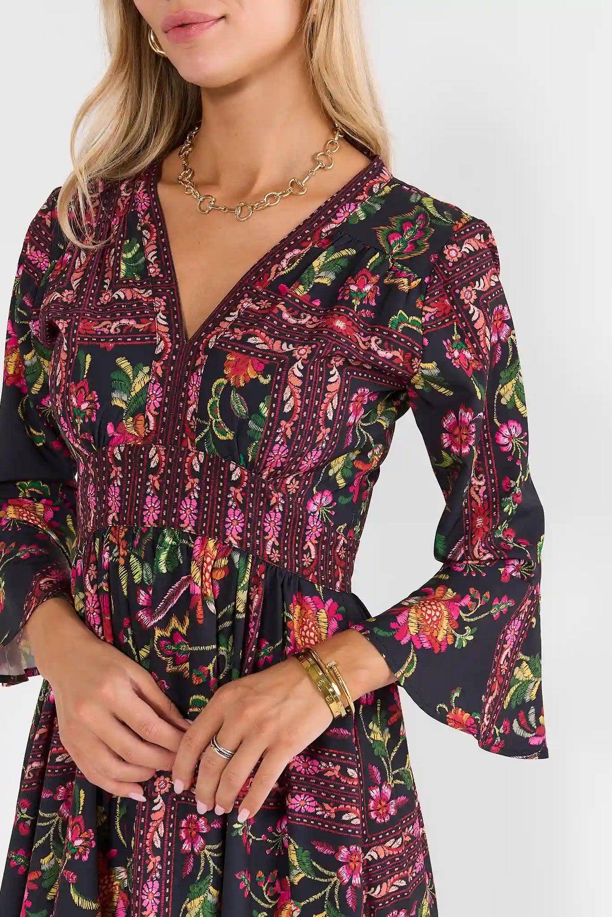Black Floral Print Maxi Dress - Close-Up Bodice Detail, Defined Waist and V-Neckline | Avara