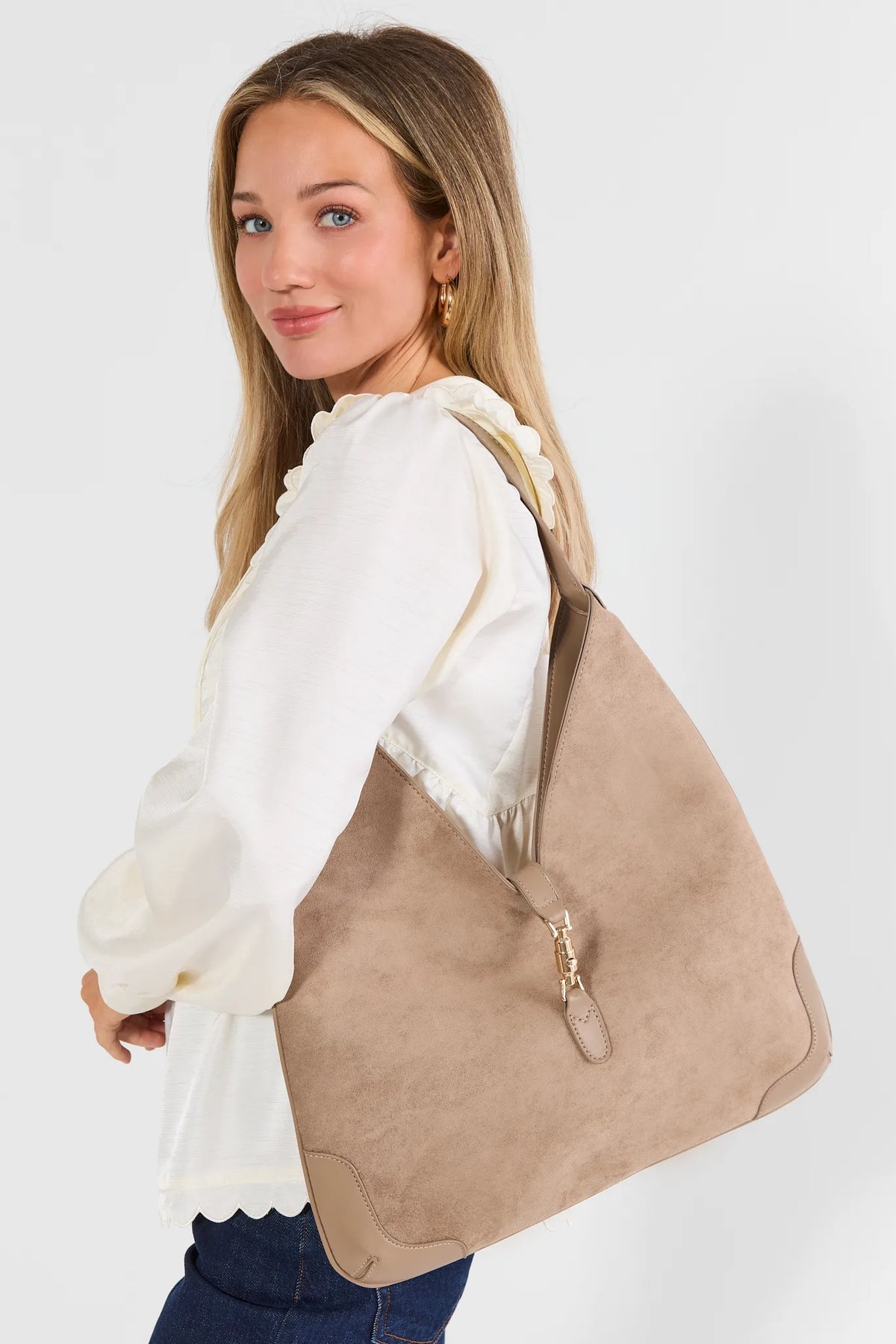 Taupe Faux Suede Shoulder Bag