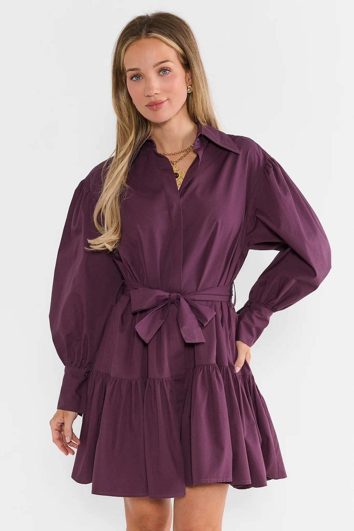 Purple Button Up Belted Short Dress