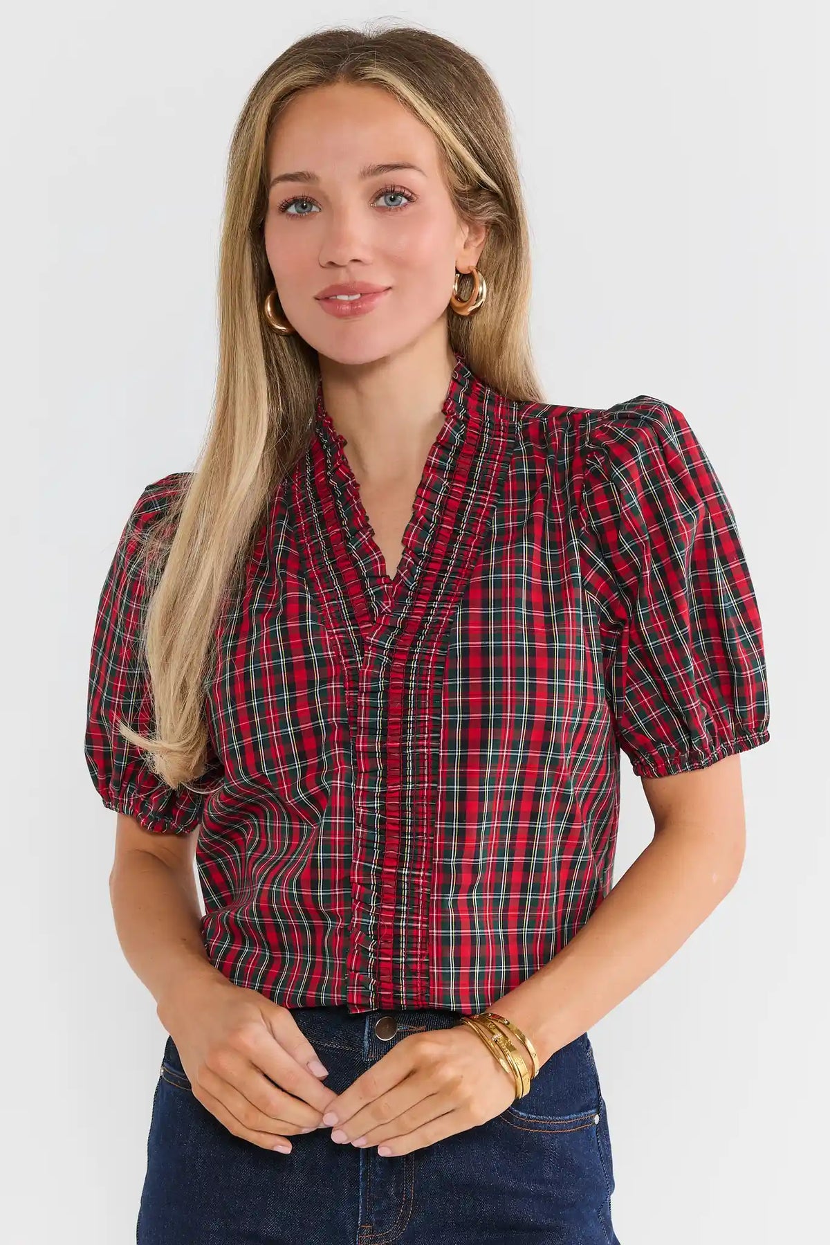 Kaylin Red Plaid Ruffle Collar Top