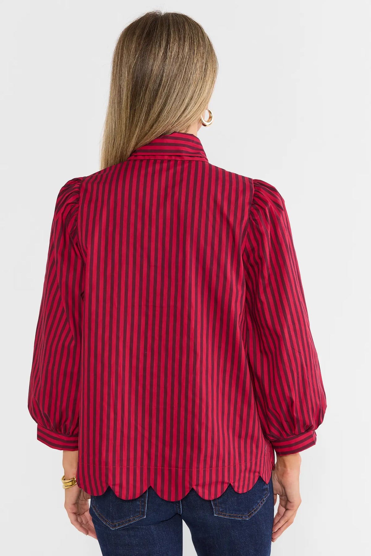 Red Striped Tie Neck Top - Back View Showing Scalloped Hem & Puff Sleeves | Avara