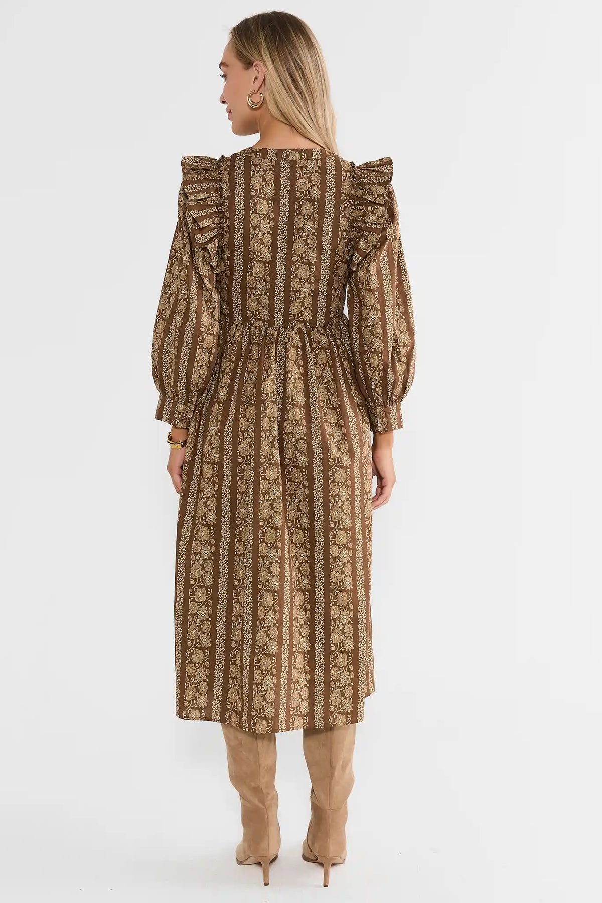 Brown Printed Ruffle Detail Midi Dress