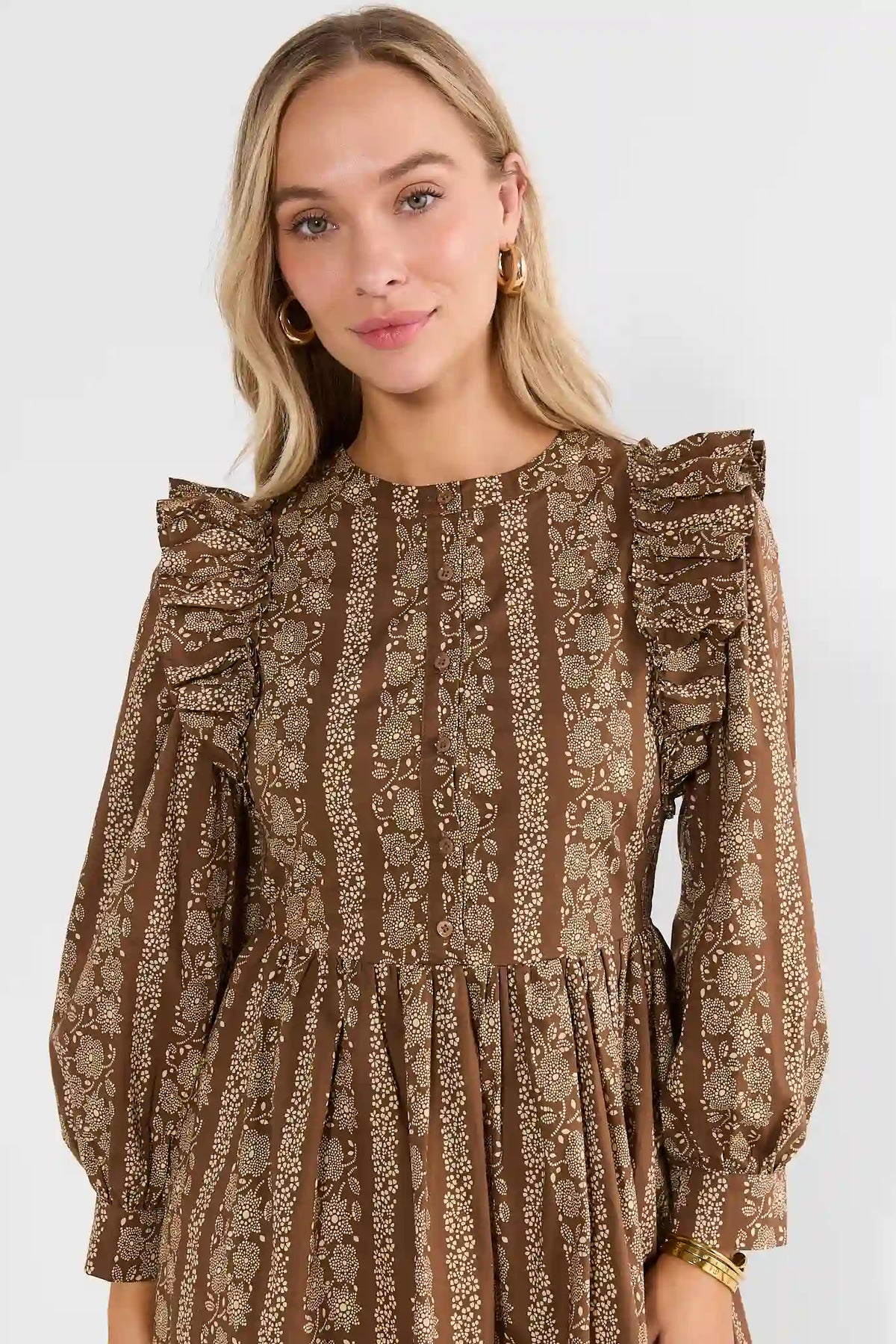 Brown Printed Ruffle Detail Midi Dress