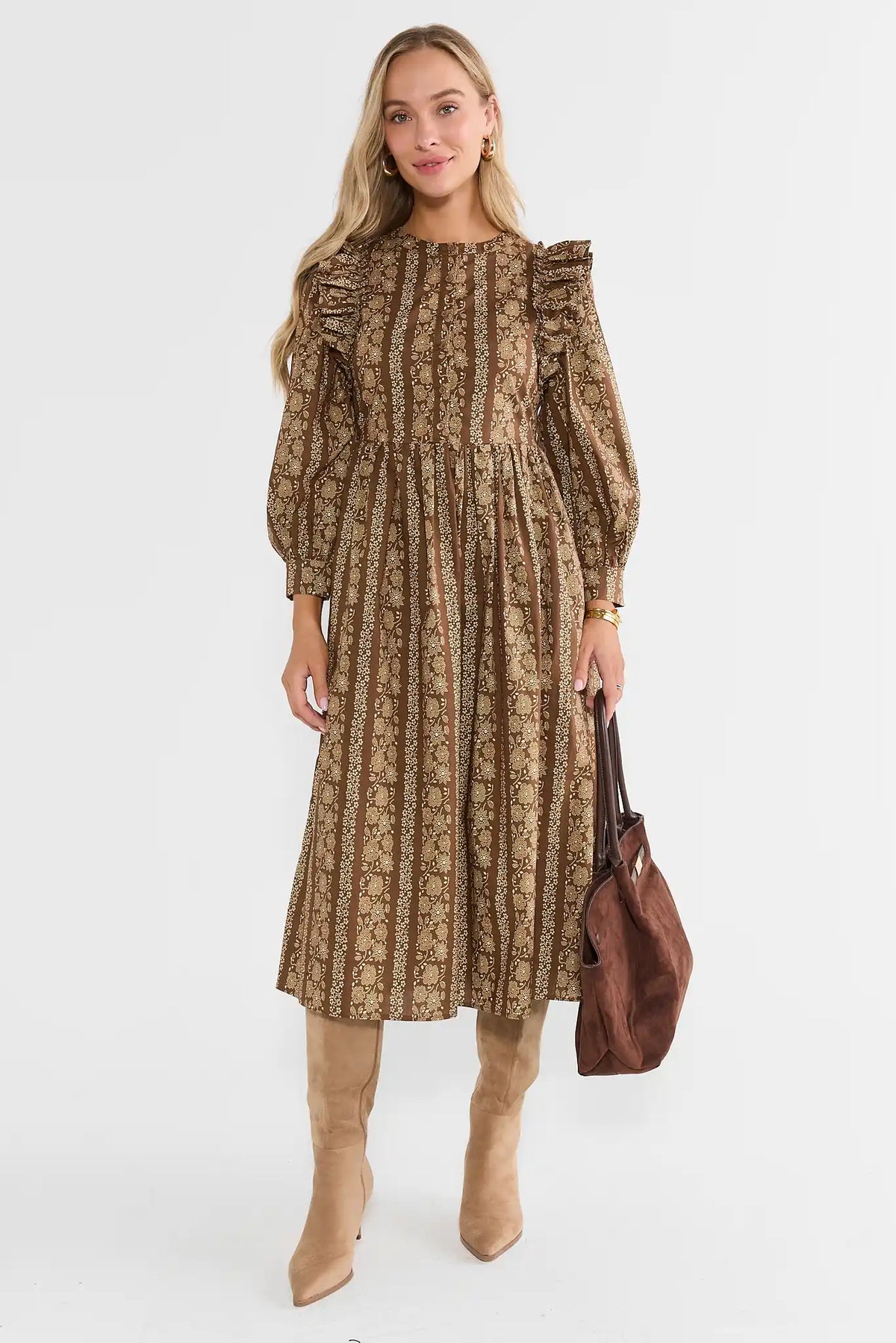 Brown Printed Ruffle Detail Midi Dress