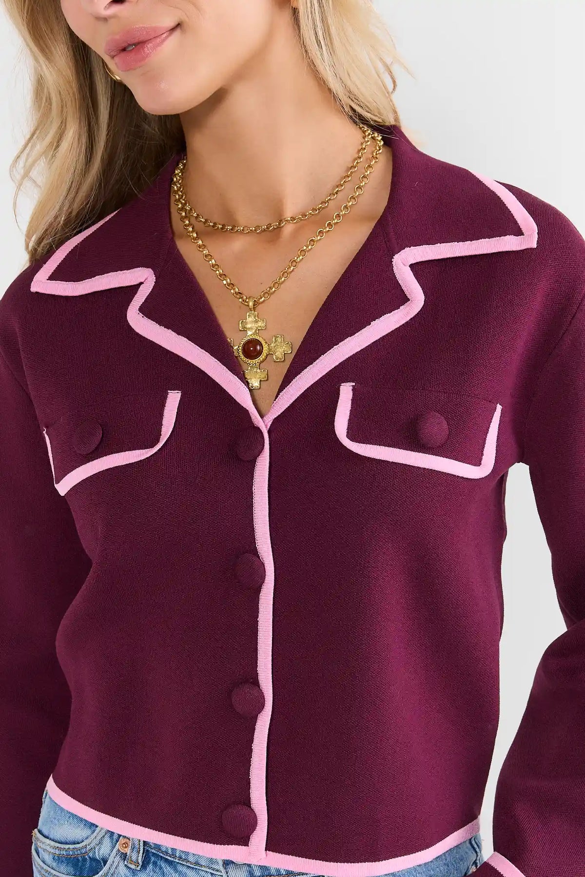 Burgundy Contrast Trim Cardigan