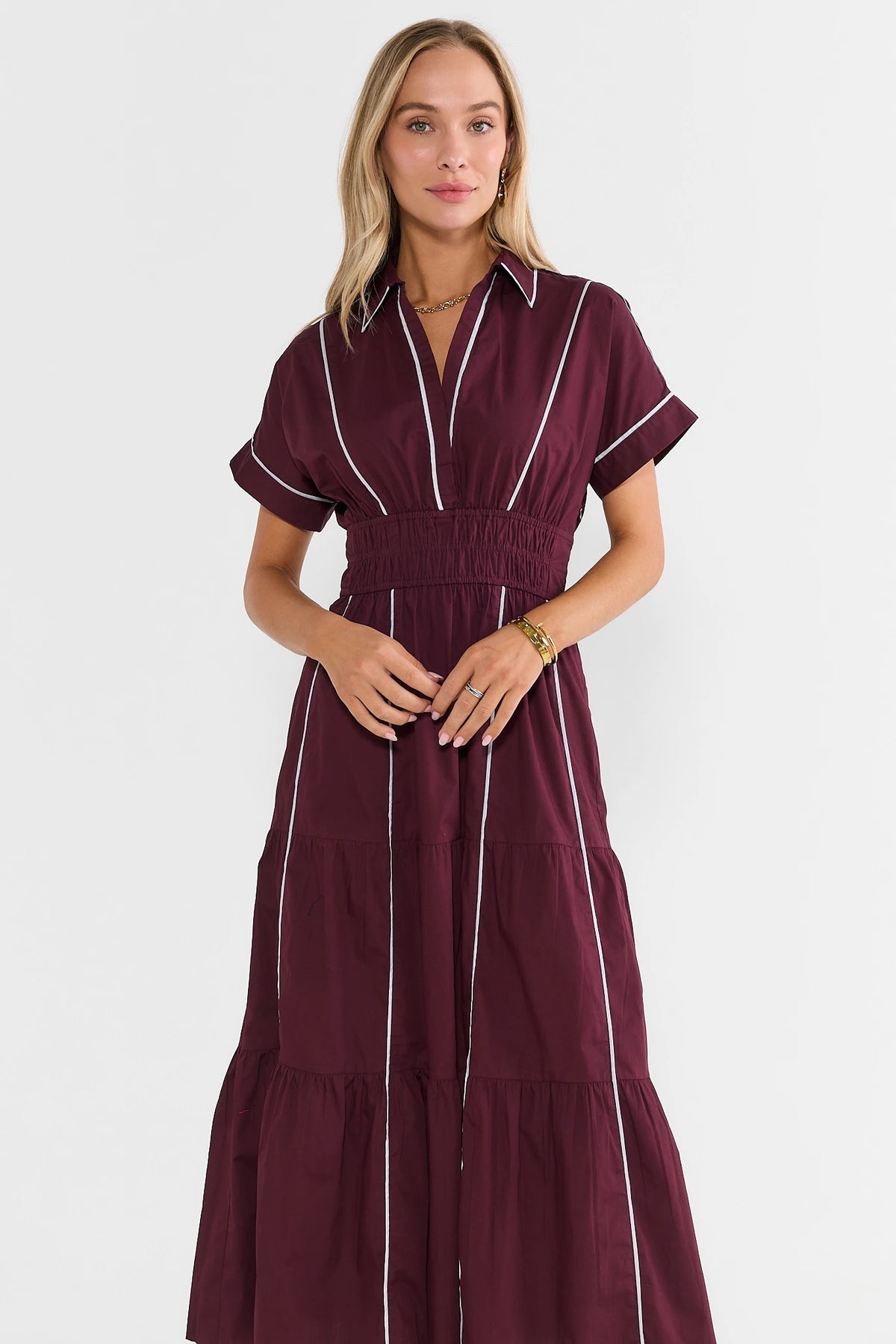Burgundy Stripe Collared Midi Dress