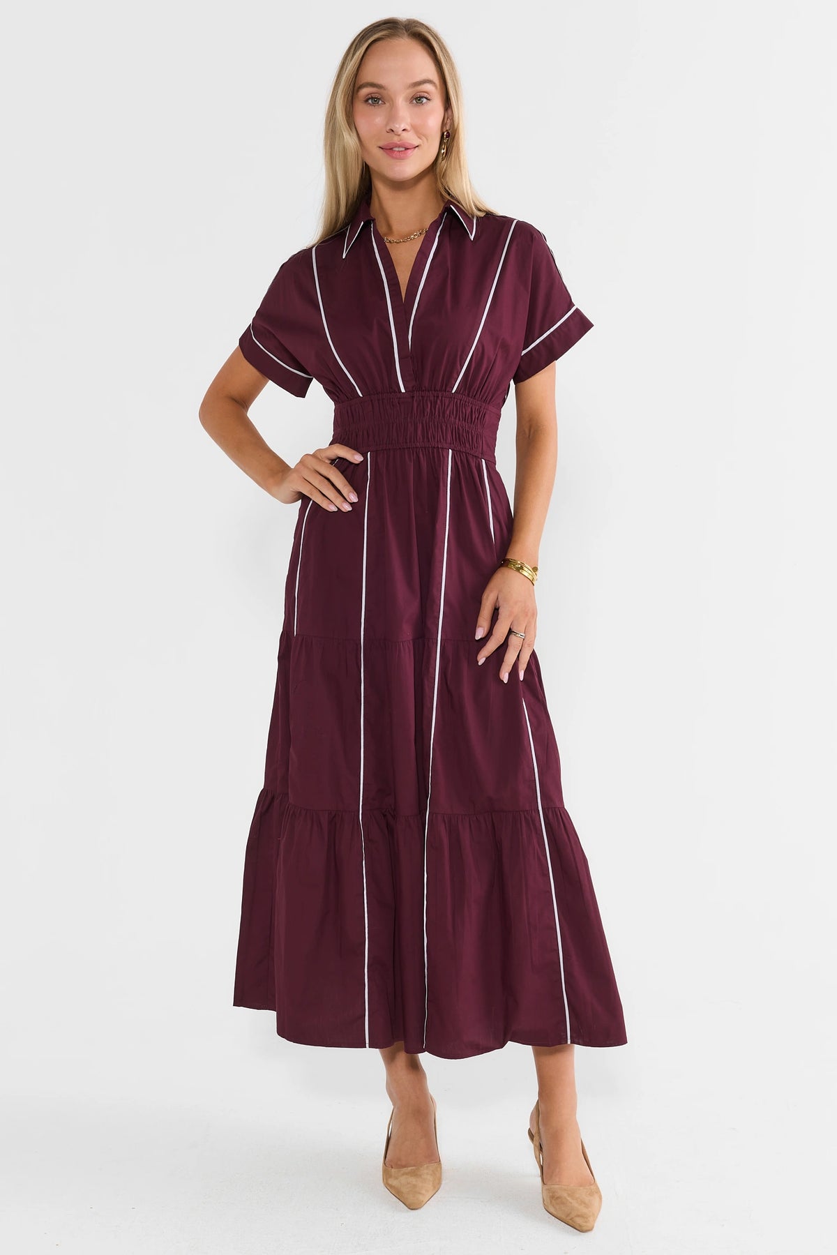 Burgundy Stripe Collared Midi Dress