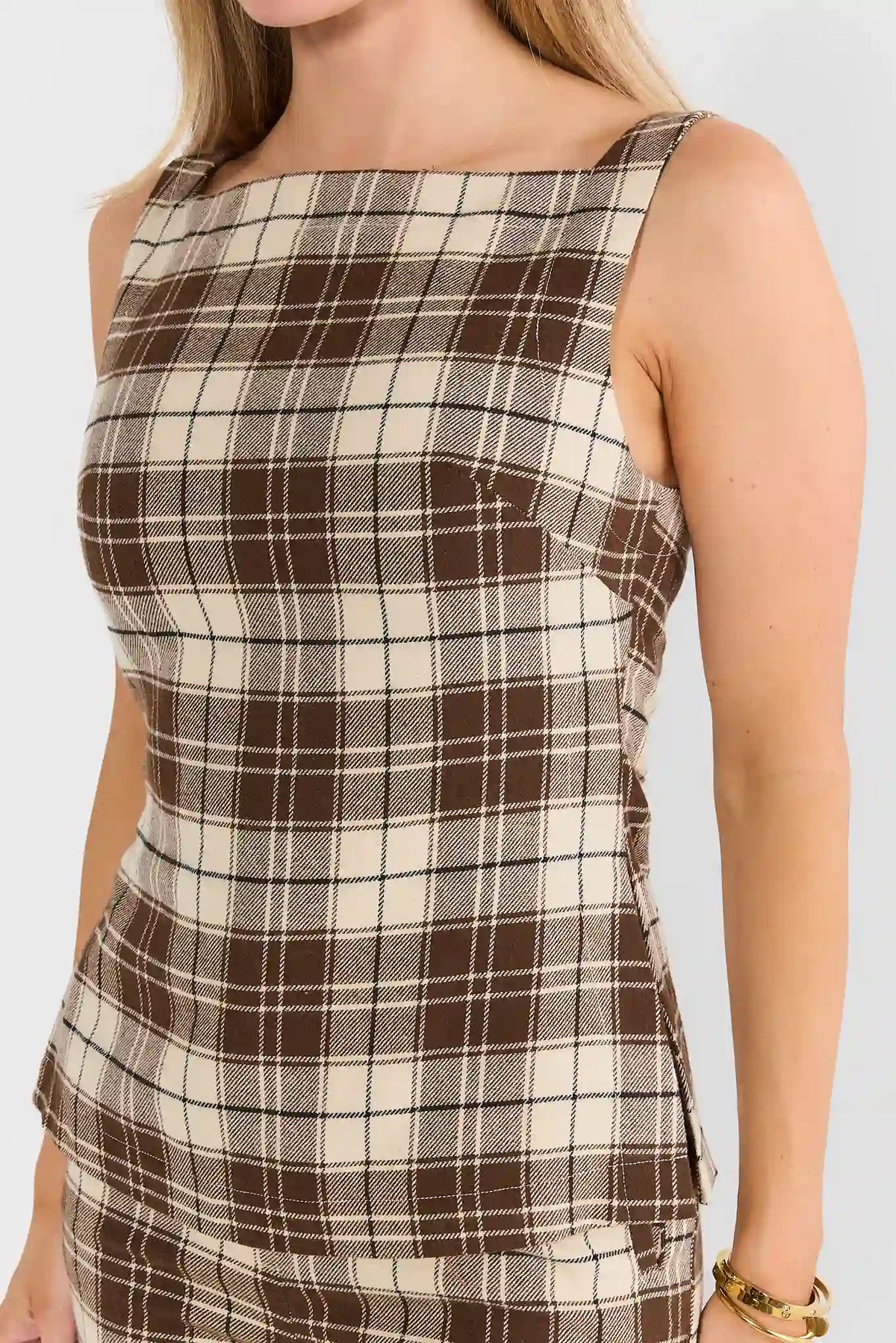 Brown Plaid Sleeveless Top