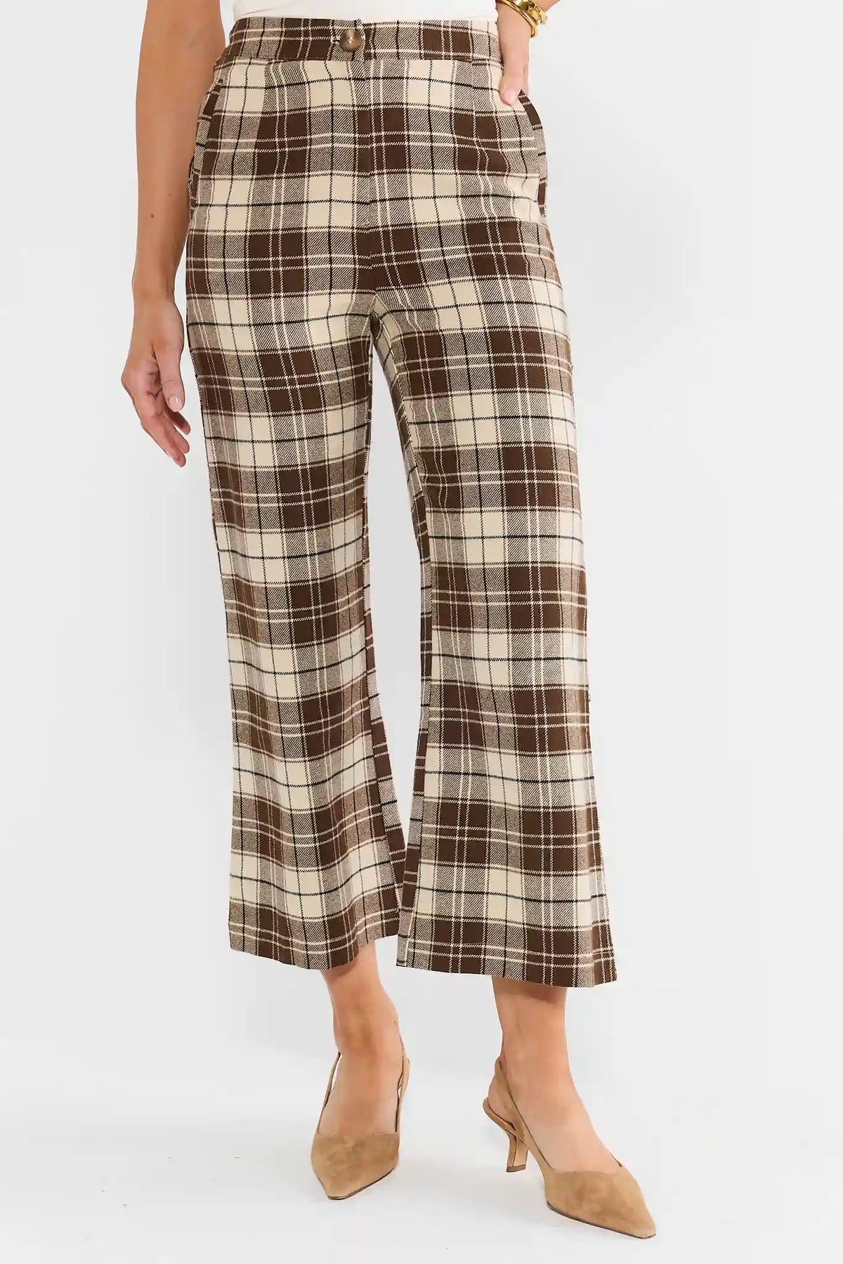 Brown Plaid Cropped Pants