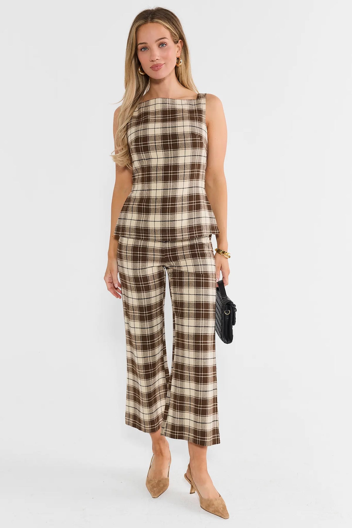 Brown Plaid Cropped Pants