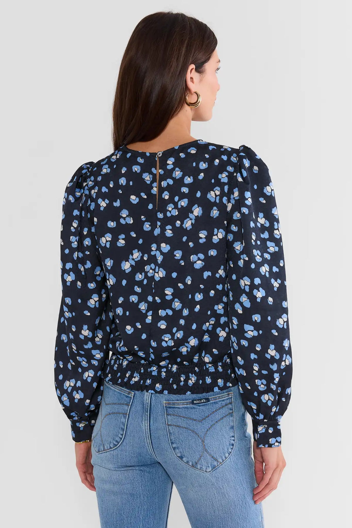 Navy Printed Gathered Sleeve Top