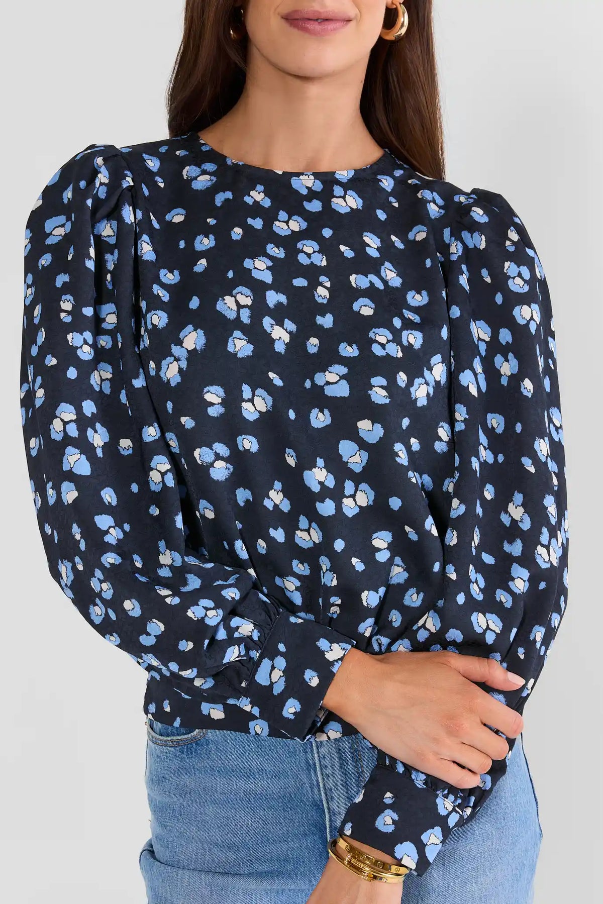 Navy Printed Gathered Sleeve Top