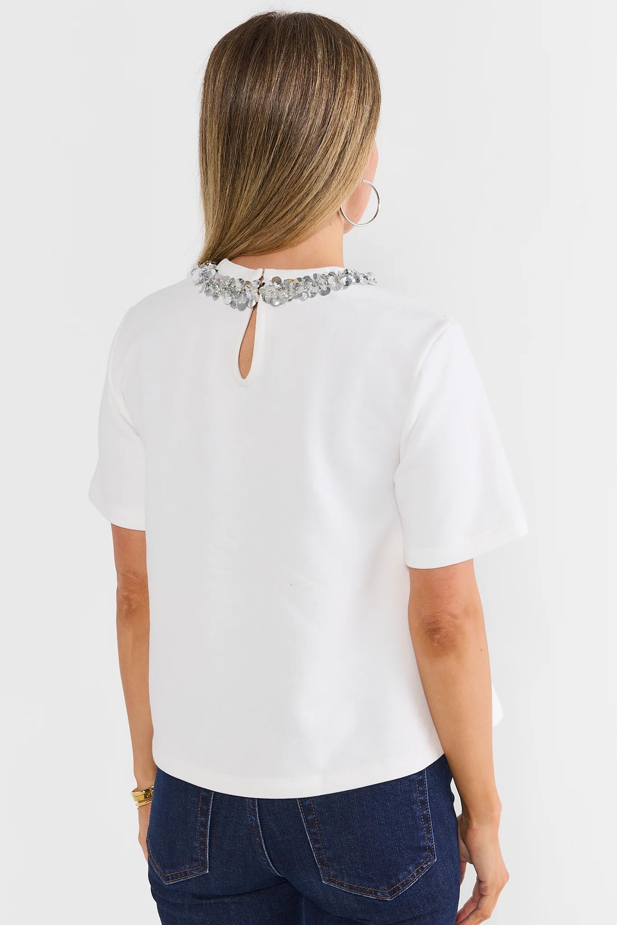 White Embellished Collar Tee