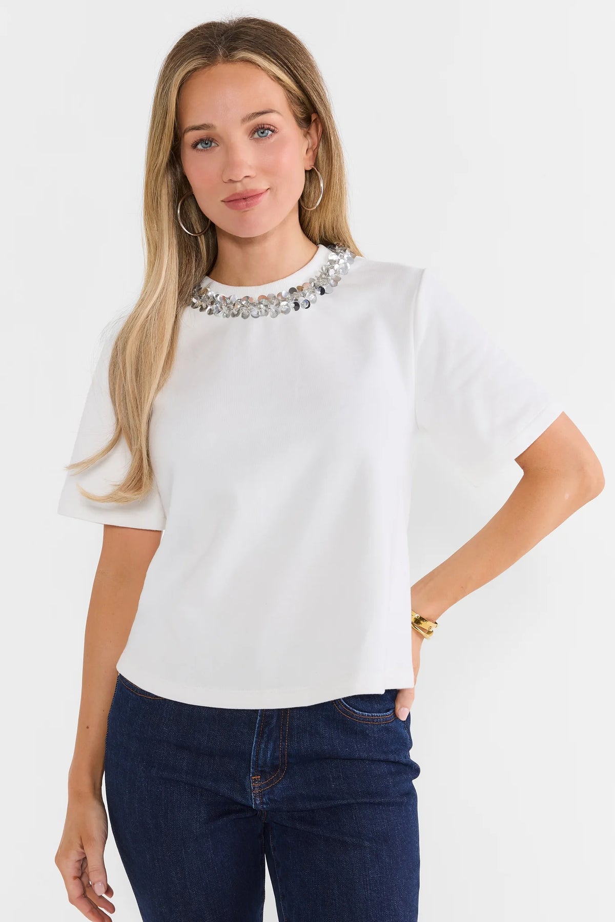 White Embellished Collar Tee