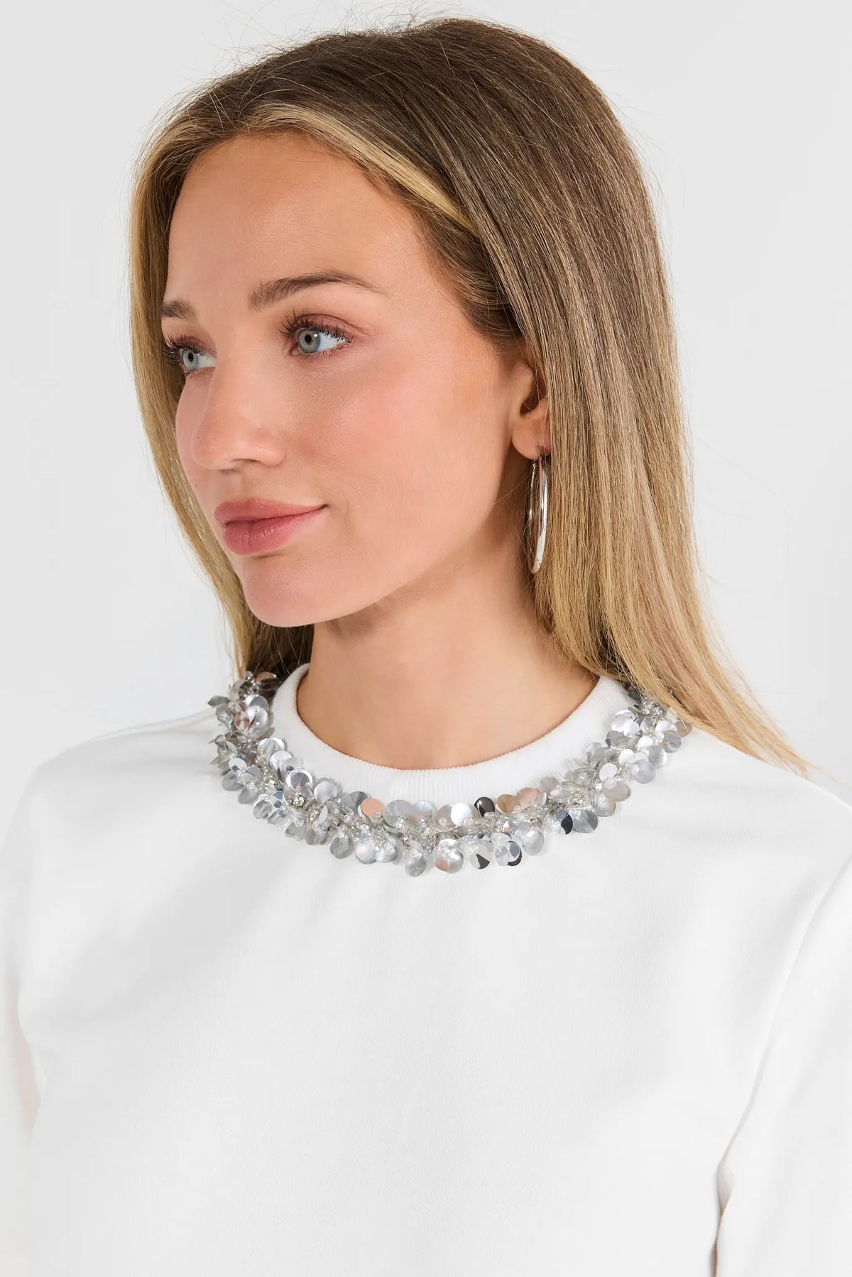White Embellished Collar Tee
