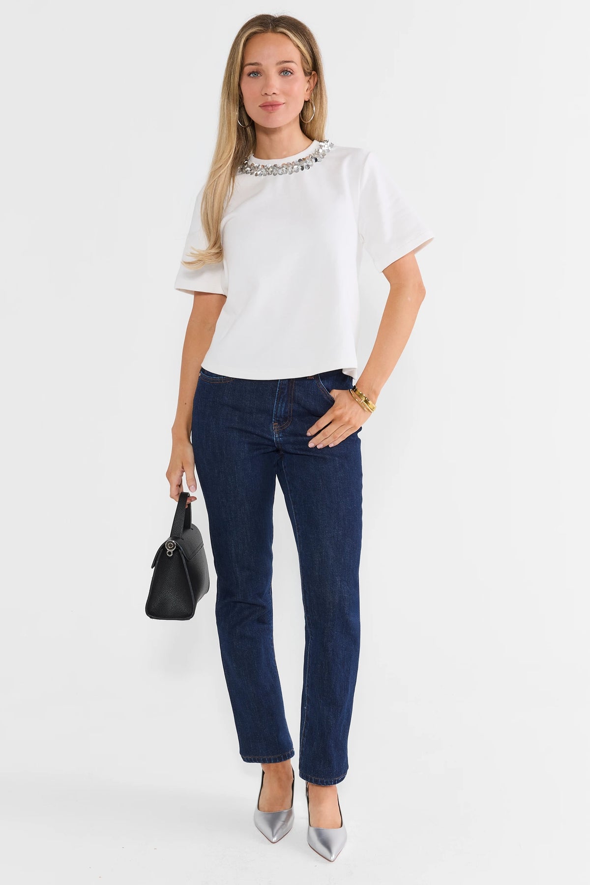 White Embellished Collar Tee