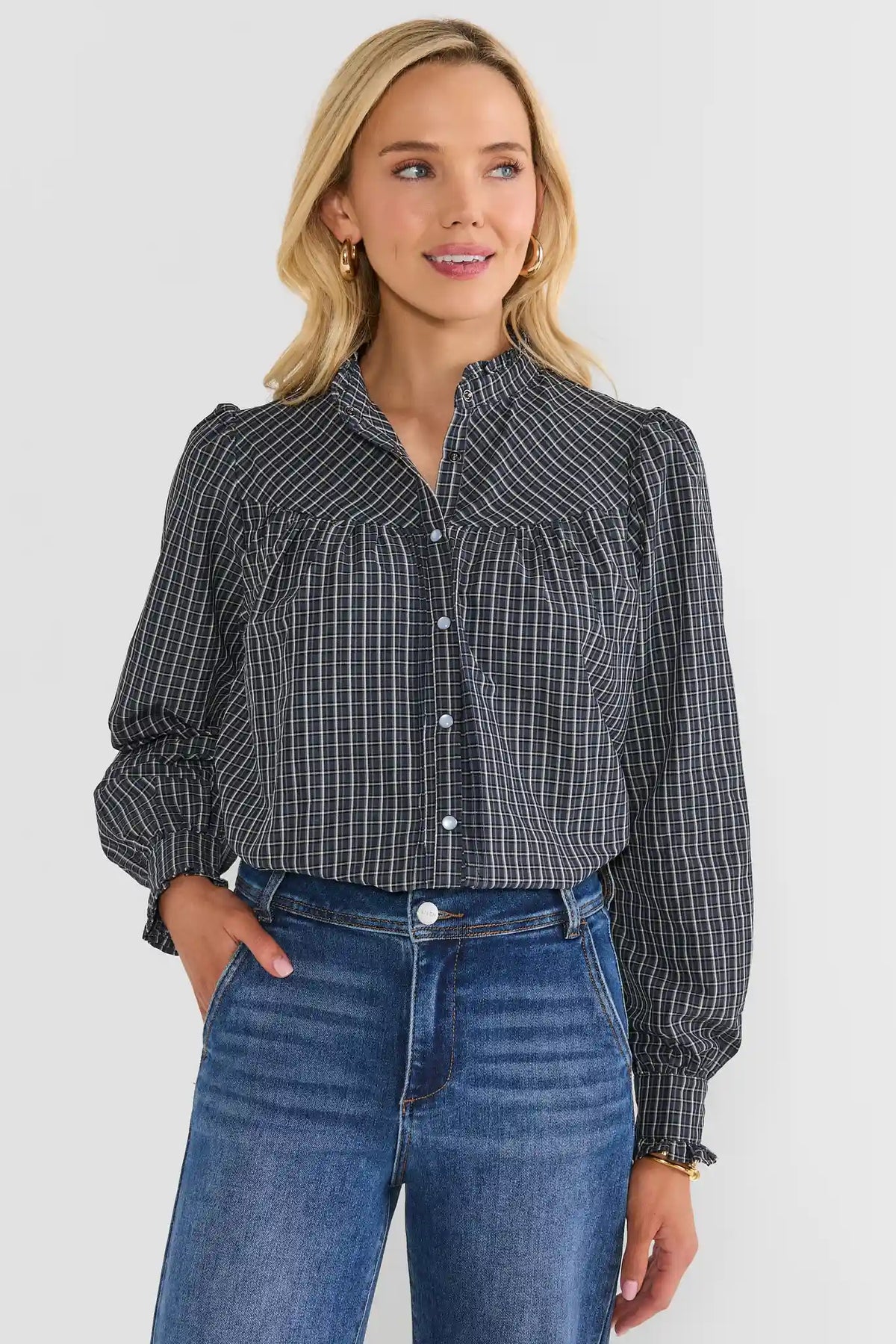Black Checkered Button-Up Top - Front View, Styled with Jeans | Avara