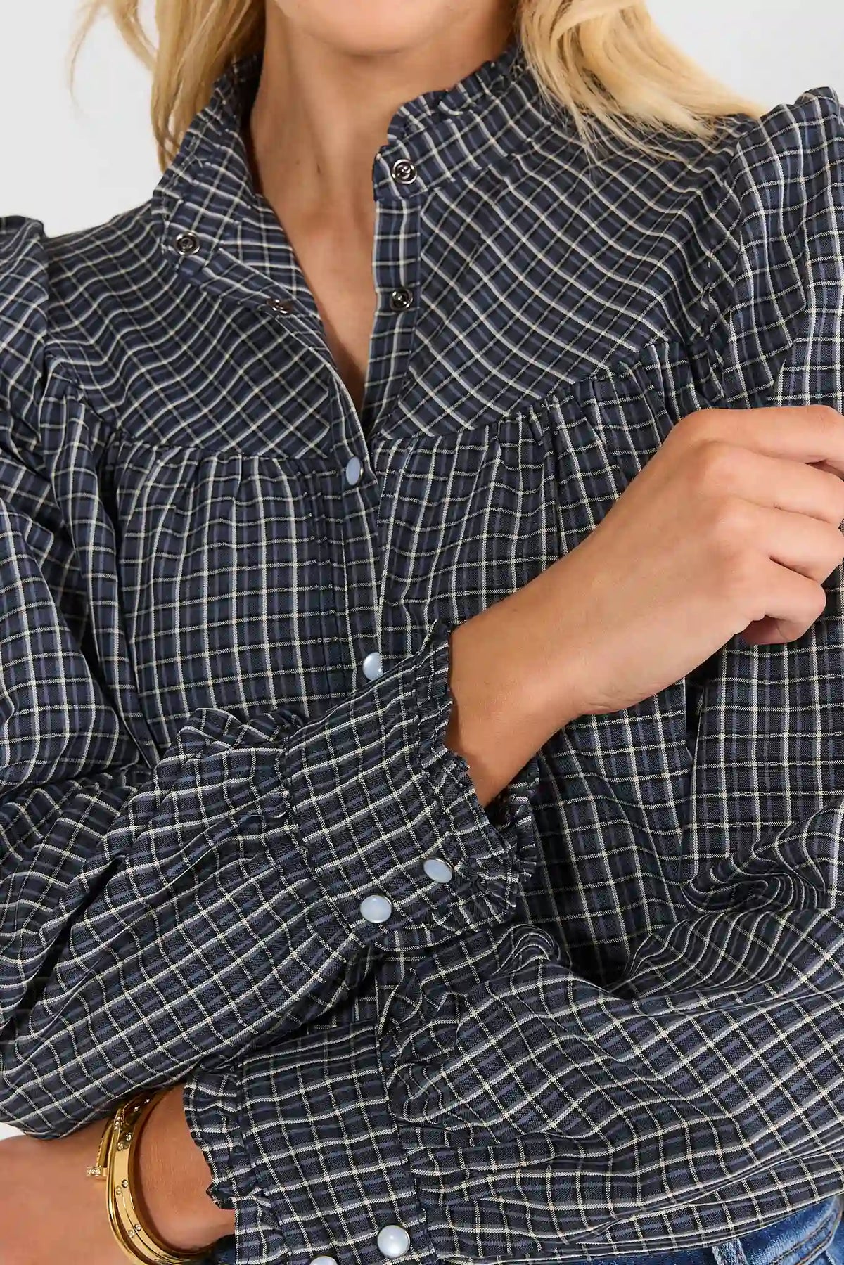 Black Checkered Button-Up Top - Close-Up Detail, Ruffle Trim & Button Front | Avara
