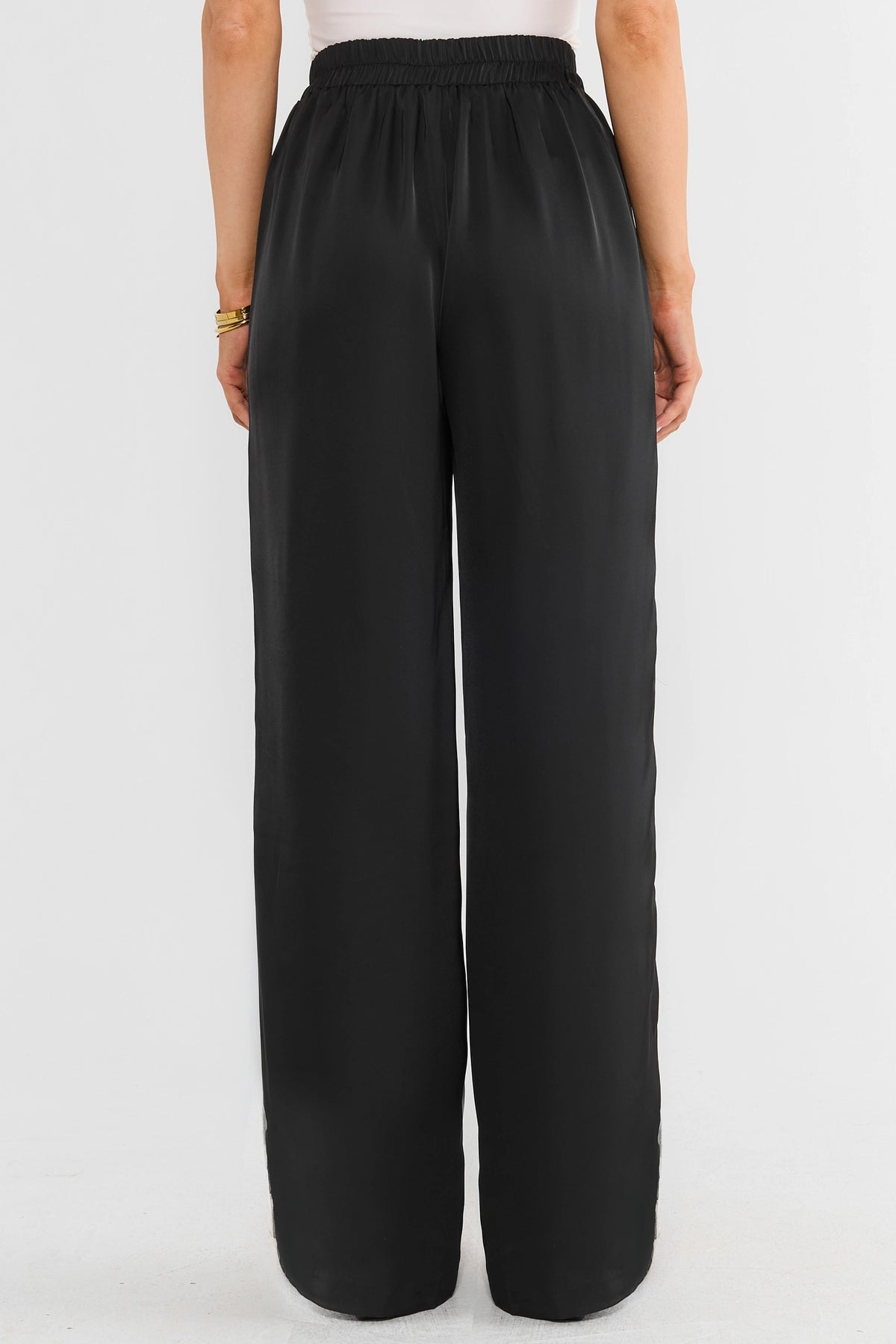 Black Satin Wide Leg Pants - Back View, Elastic Waistband | Avara
