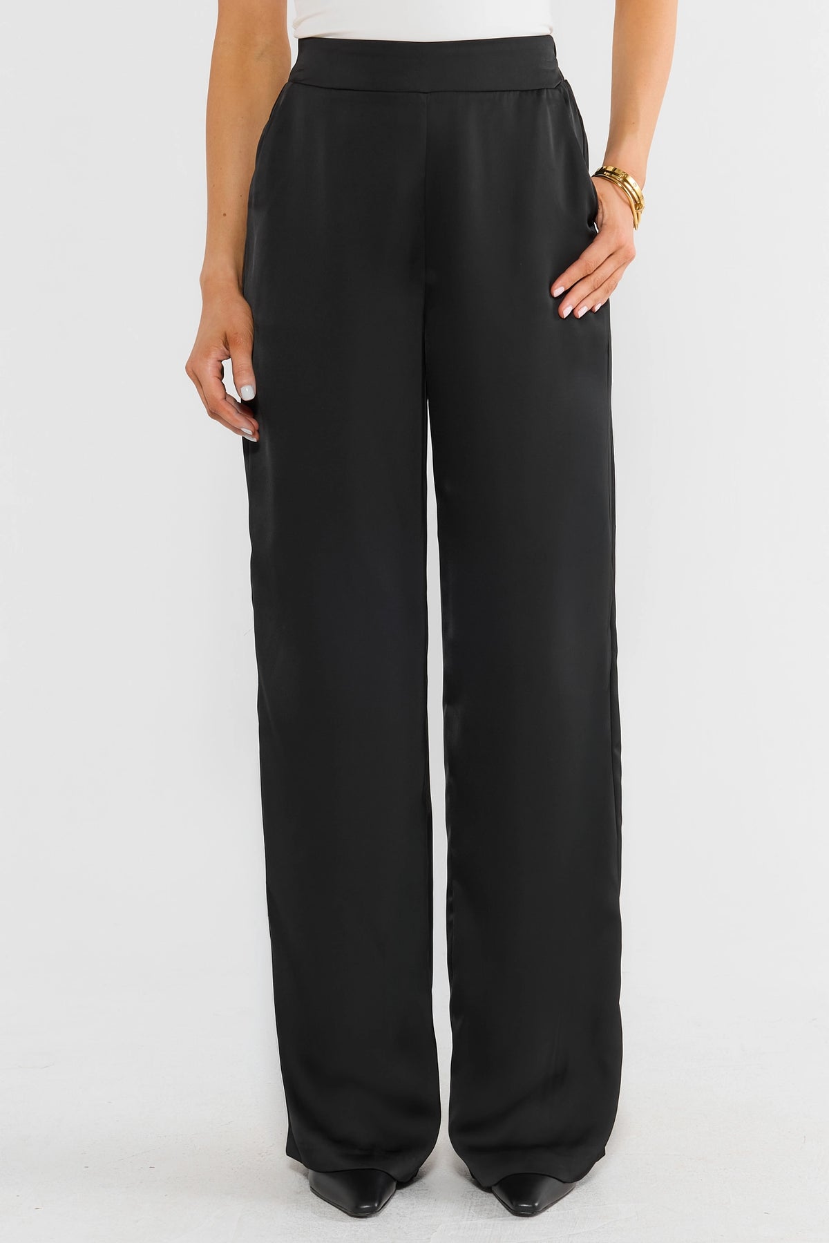 Black Satin Wide Leg Pants - Front View, High-Rise Waist | Avara