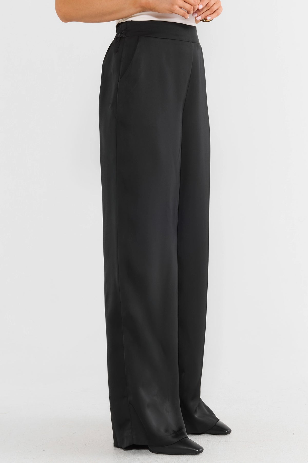 Black Satin Wide Leg Pants - Side Profile, Full Length | Avara