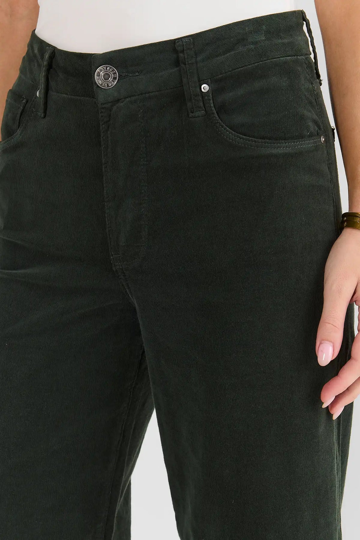 Green Corduroy Wide-Leg Jeans - Waistband & Pocket Detail Close-Up | Avara
