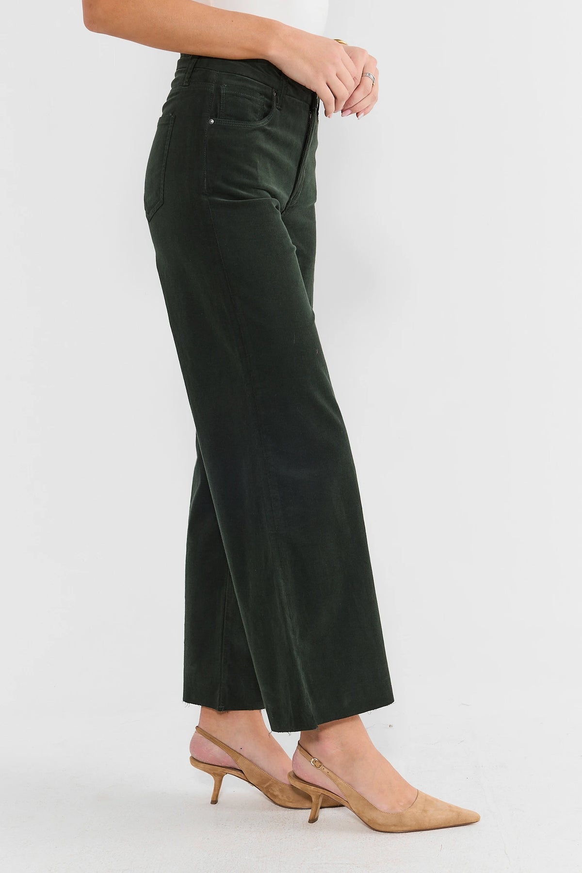 Green Corduroy High-Rise Wide-Leg Jeans - Side View with Raw Hem | Avara